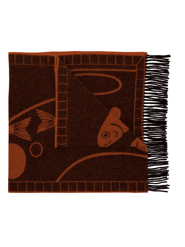 Orange woven scarf with a decorative fish pattern on a white background