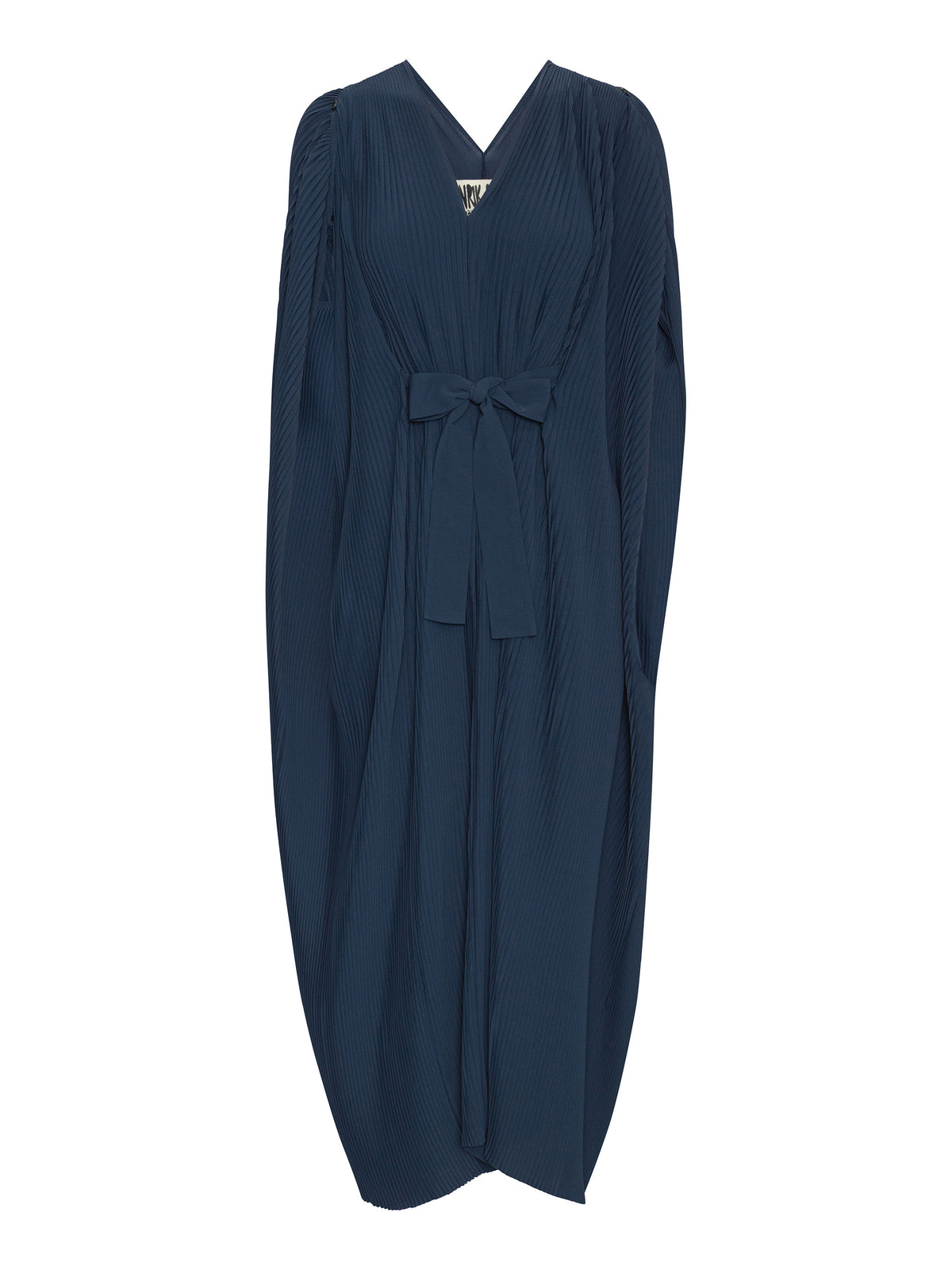 Henrik Vibskov Cherry Plisse Kaftan in Dress Blues shown from the front, featuring a V-neck, pleated construction and self-tie waist belt.