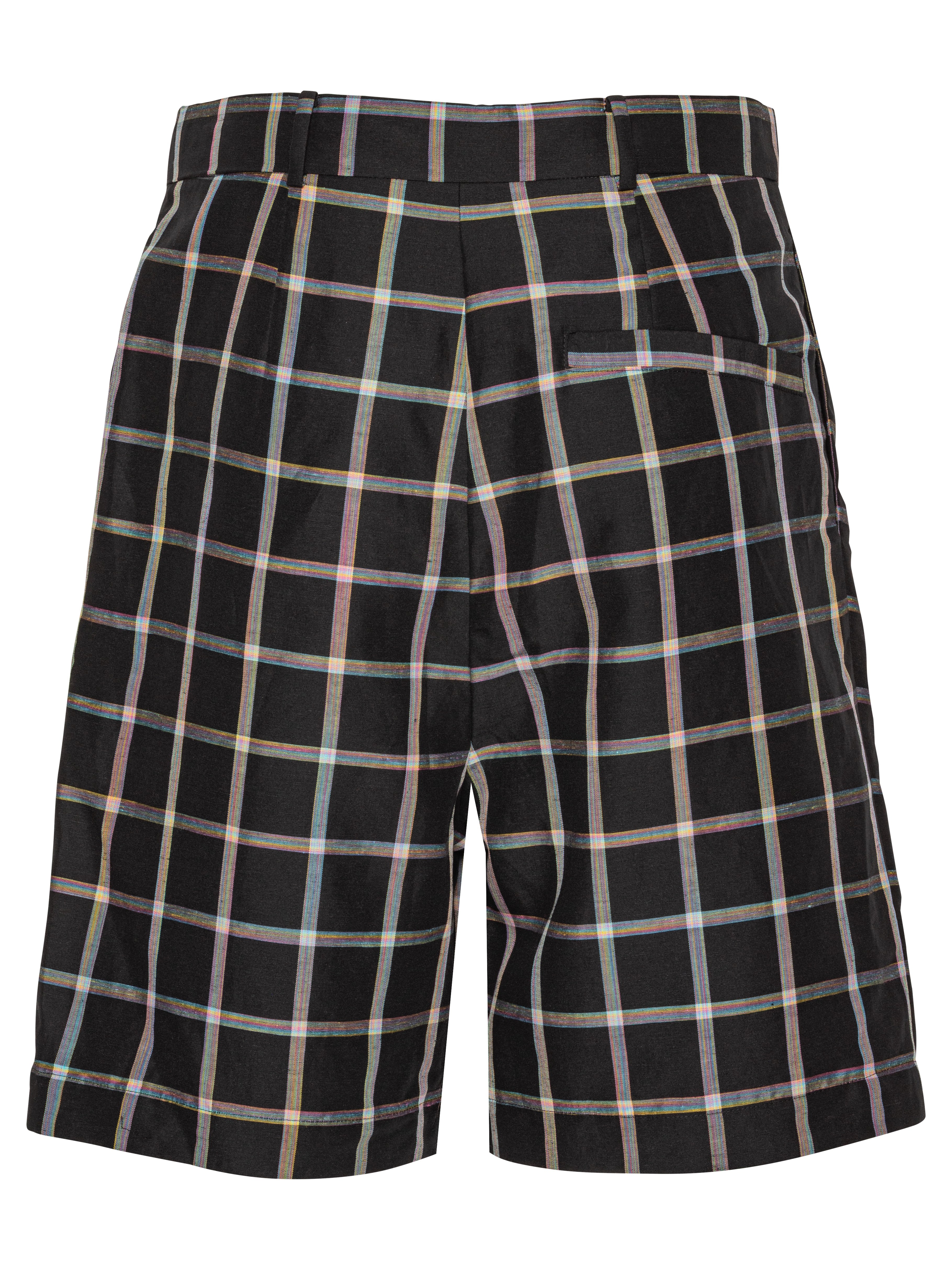 Back full-body packshot of the Claus Shorts in Black Checks from Henrik Vibskov Spring/Summer 2026 Studio Collection, displaying the clean back view, belt loops, and straight unisex silhouette.