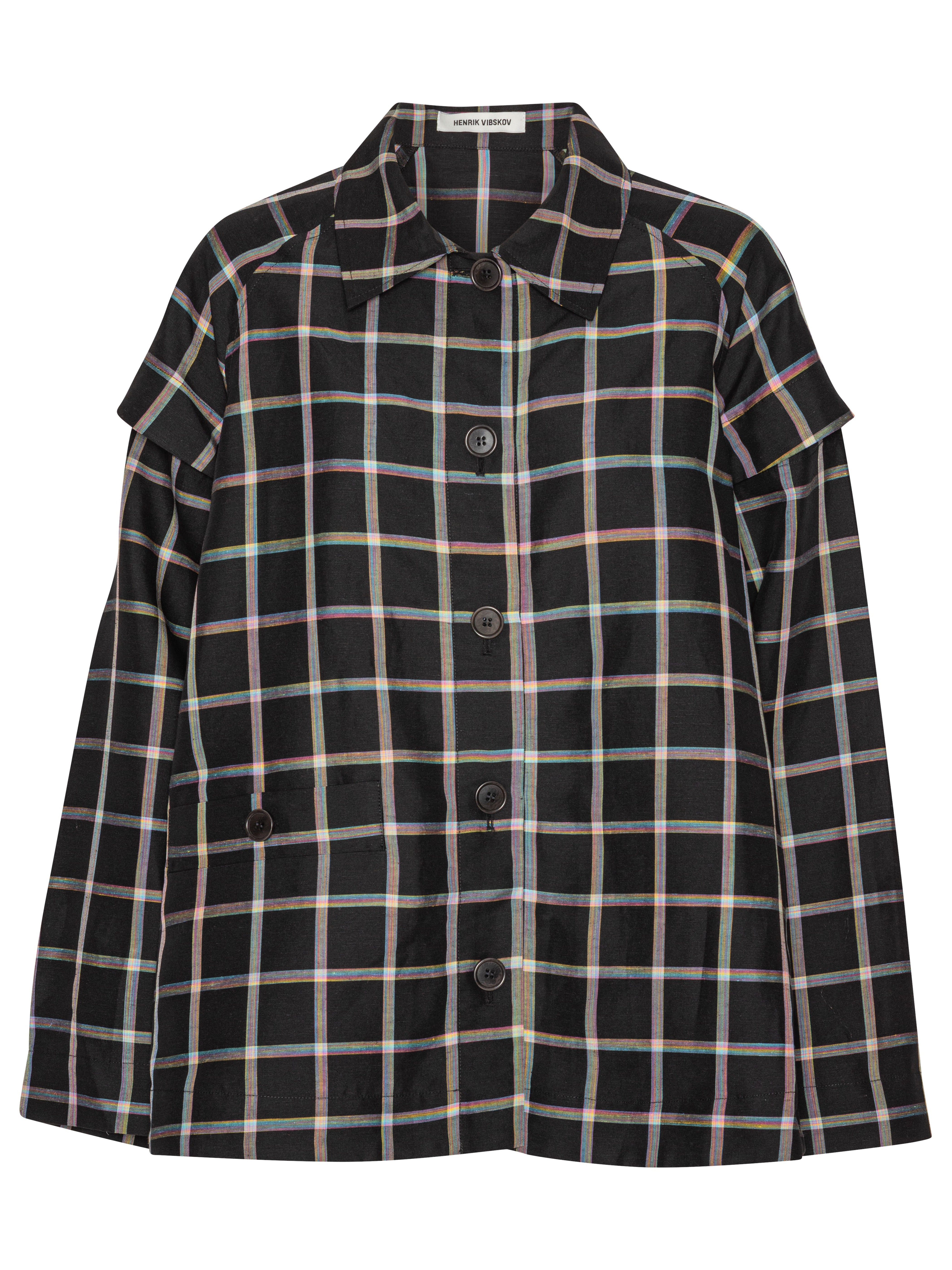 Front full-body packshot of the Cover Coat in Black Checks from Henrik Vibskov Spring/Summer 2026 Studio Collection, showing the black check pattern, collar, detachable sleeves, front button closure, and square fit.