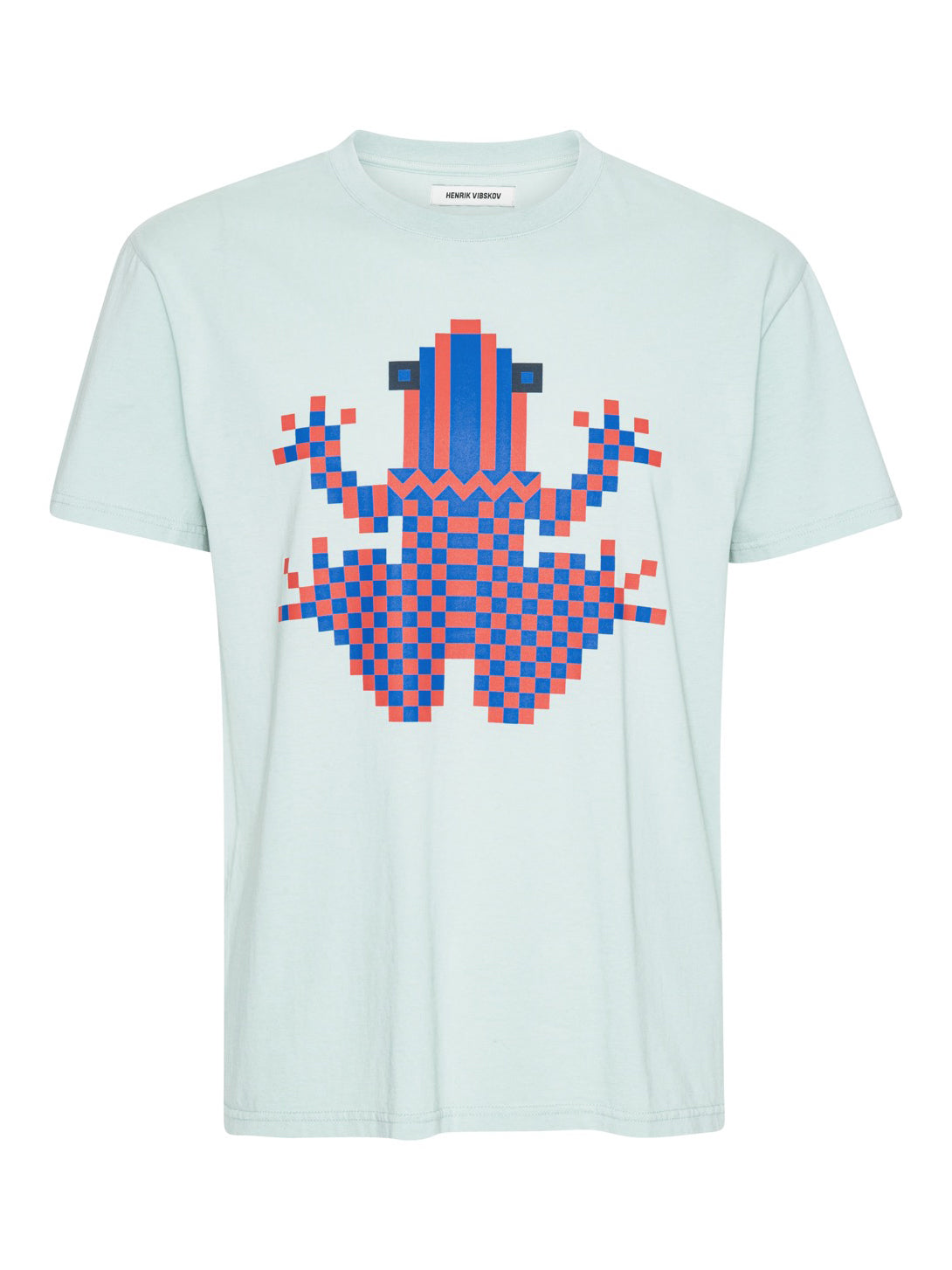Henrik Vibskov Cross Stitch Tee in Sky Grey, front view, pixelated frog graphic in blue and coral checkerboard, crew neck, short sleeves, relaxed fit, organic cotton