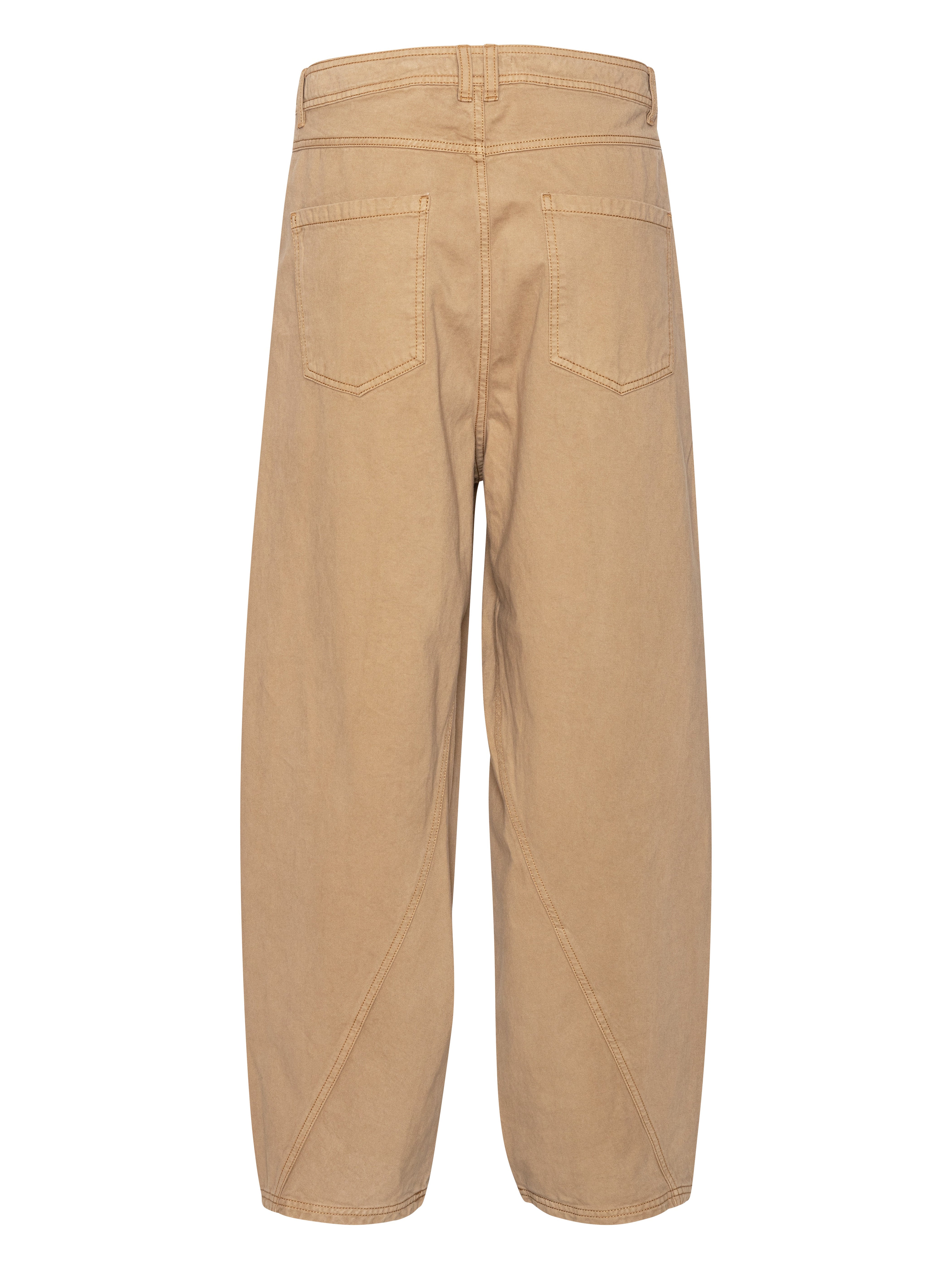 Back view of the Curved Denim Pants, highlighting the back pockets, seam details, and straight-leg silhouette in dark beige denim.