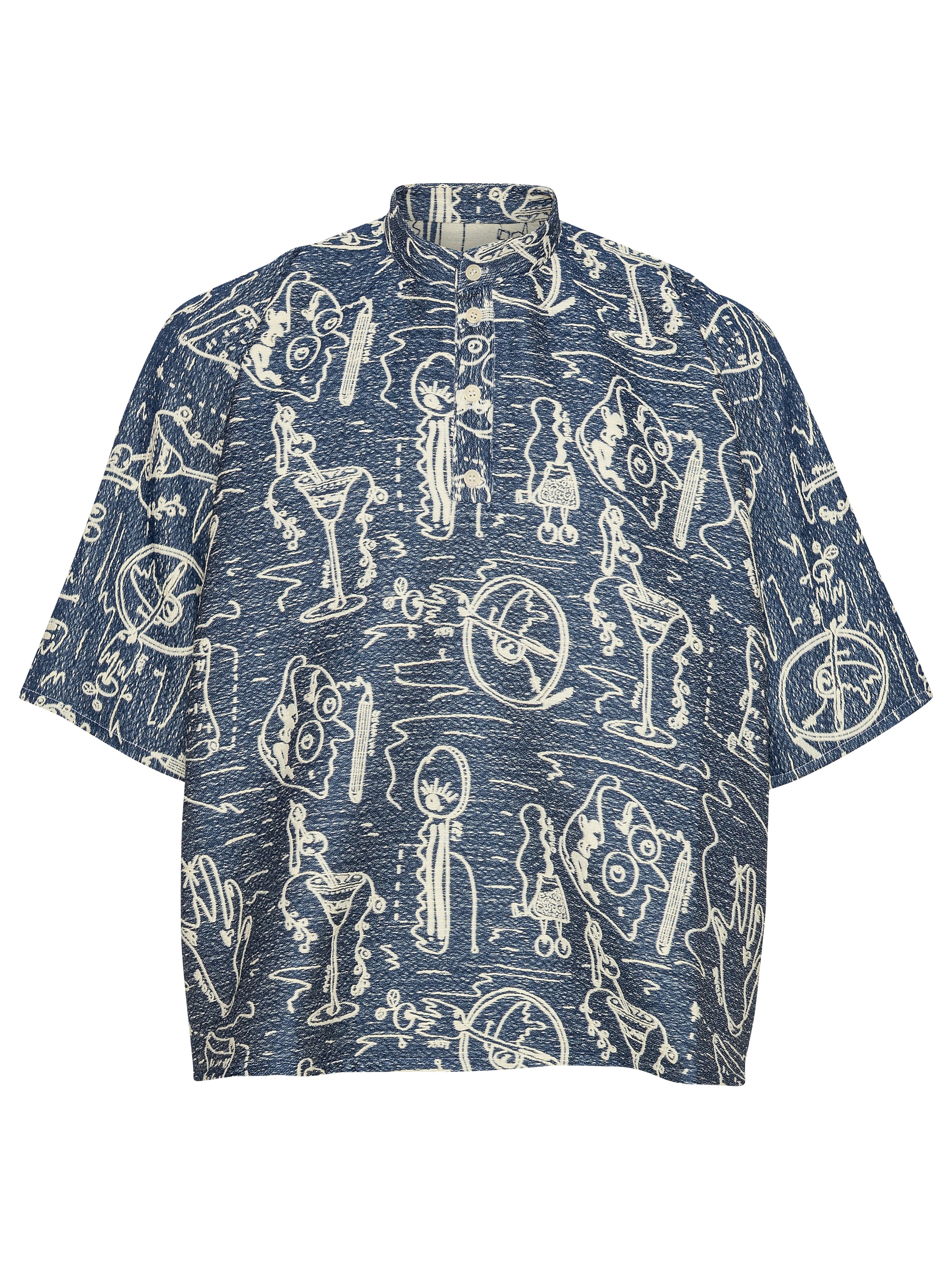 Front view of the Henrik Vibskov Dart Polo Shirt in grey-blue with white doodle illustration, featuring a mandarin collar, front button closure, short sleeves, and an oversized fit.