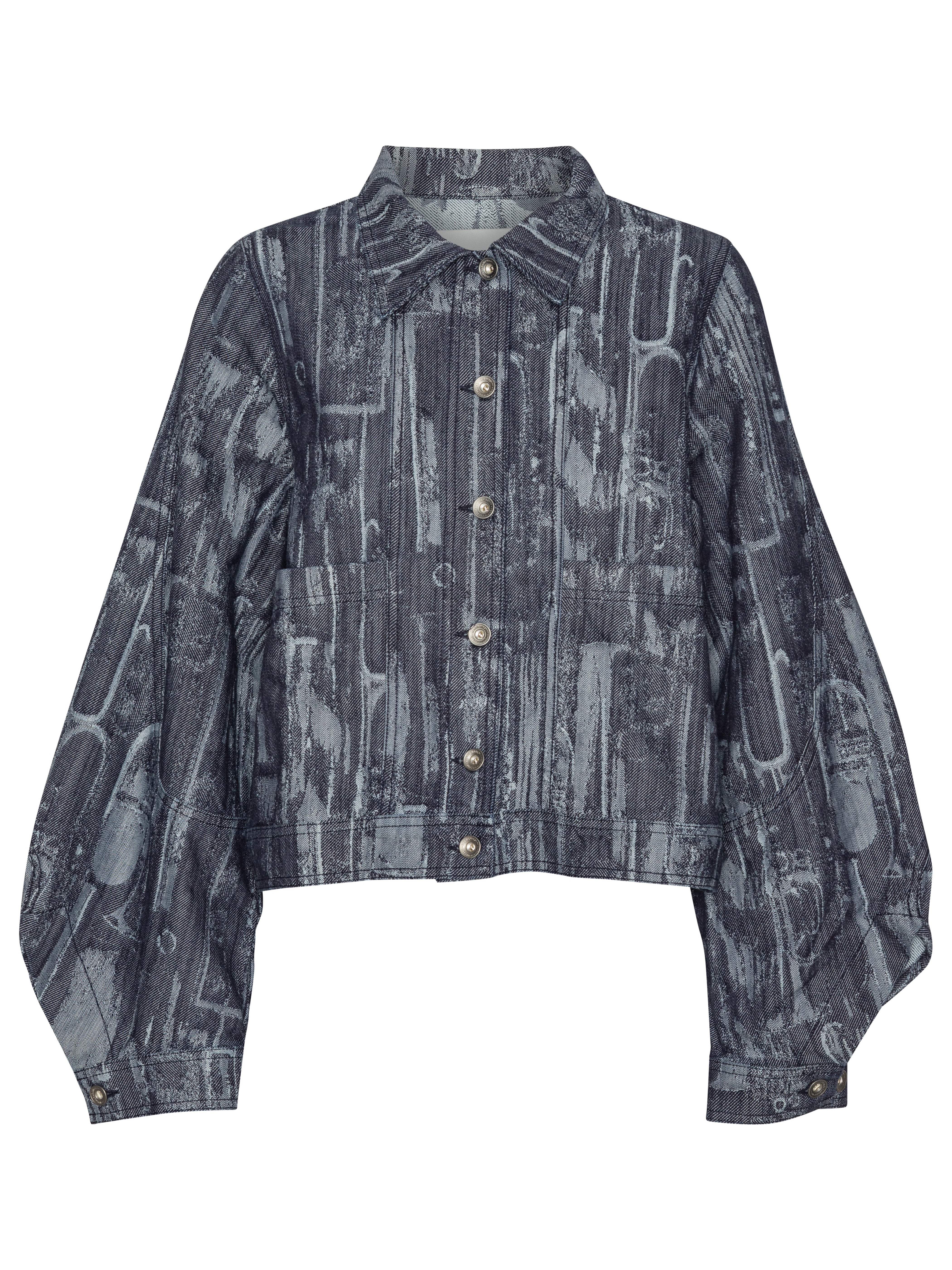 Front view of the Henrik Vibskov Dial Denim Jacket in grey-blue denim with an abstract pattern, collar, curved long sleeves, and front button closure.