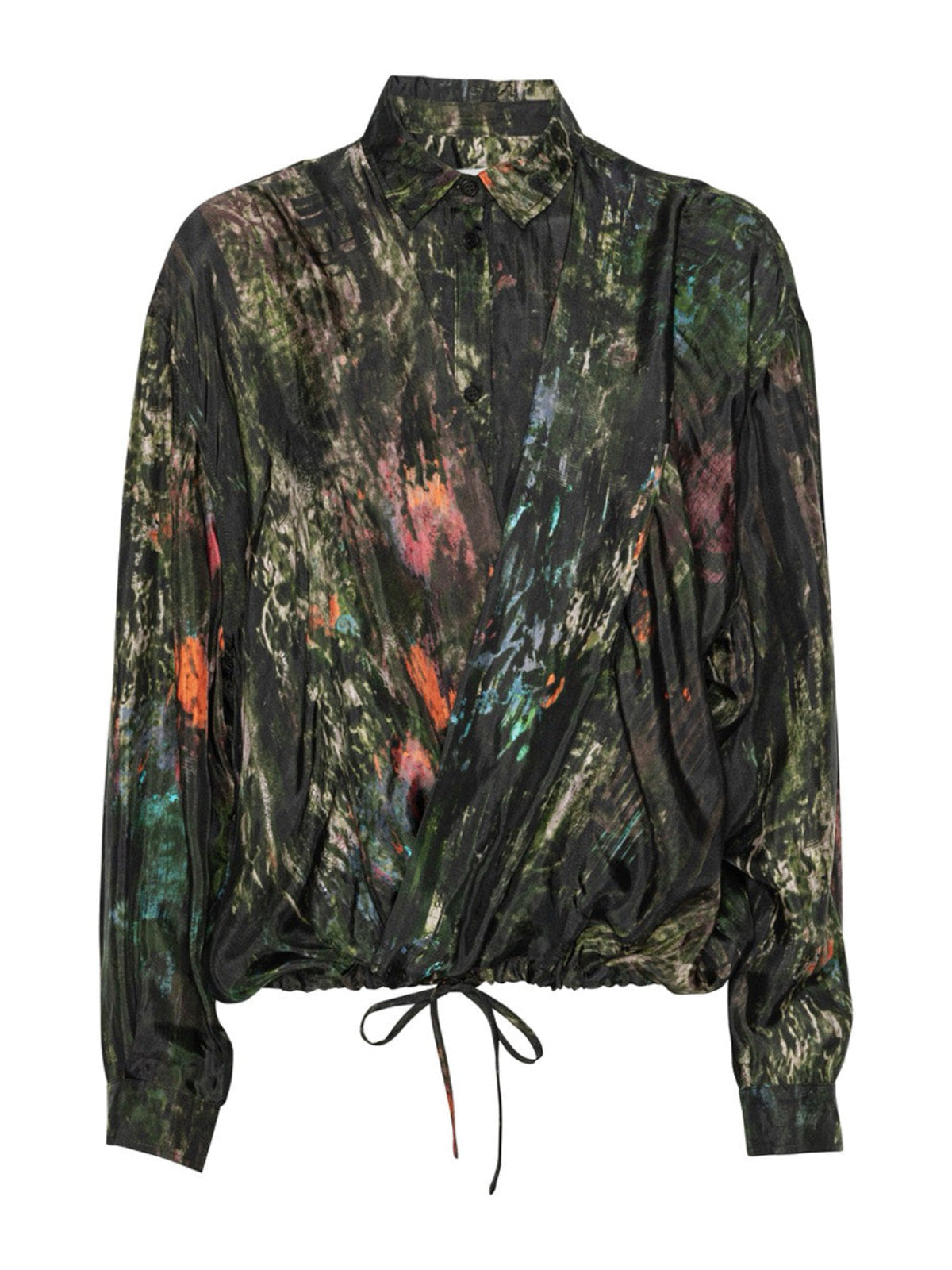 Henrik Vibskov Double Ki Shirt in Swamp Reflections print, abstract green and black wrap shirt with drawstring hem, front flat lay