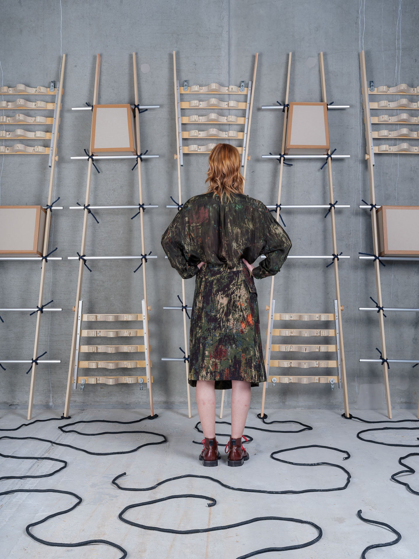 Model wearing the Henrik Vibskov Double Ki Shirt in Swamp Reflections print, back view