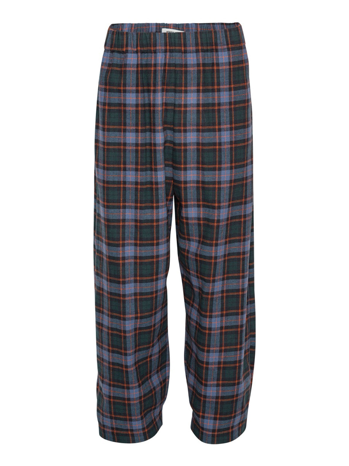 Henrik Vibskov Eclipse Pants Blue Flannel Checks, flat lay front, blue green and orange flannel check trousers with elasticated waist