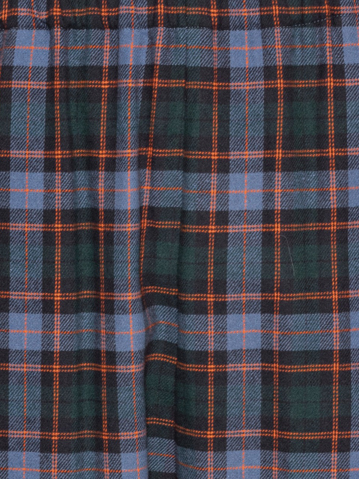 Henrik Vibskov Eclipse Pants Blue Flannel Checks, close-up detail of flannel check fabric and waistband texture