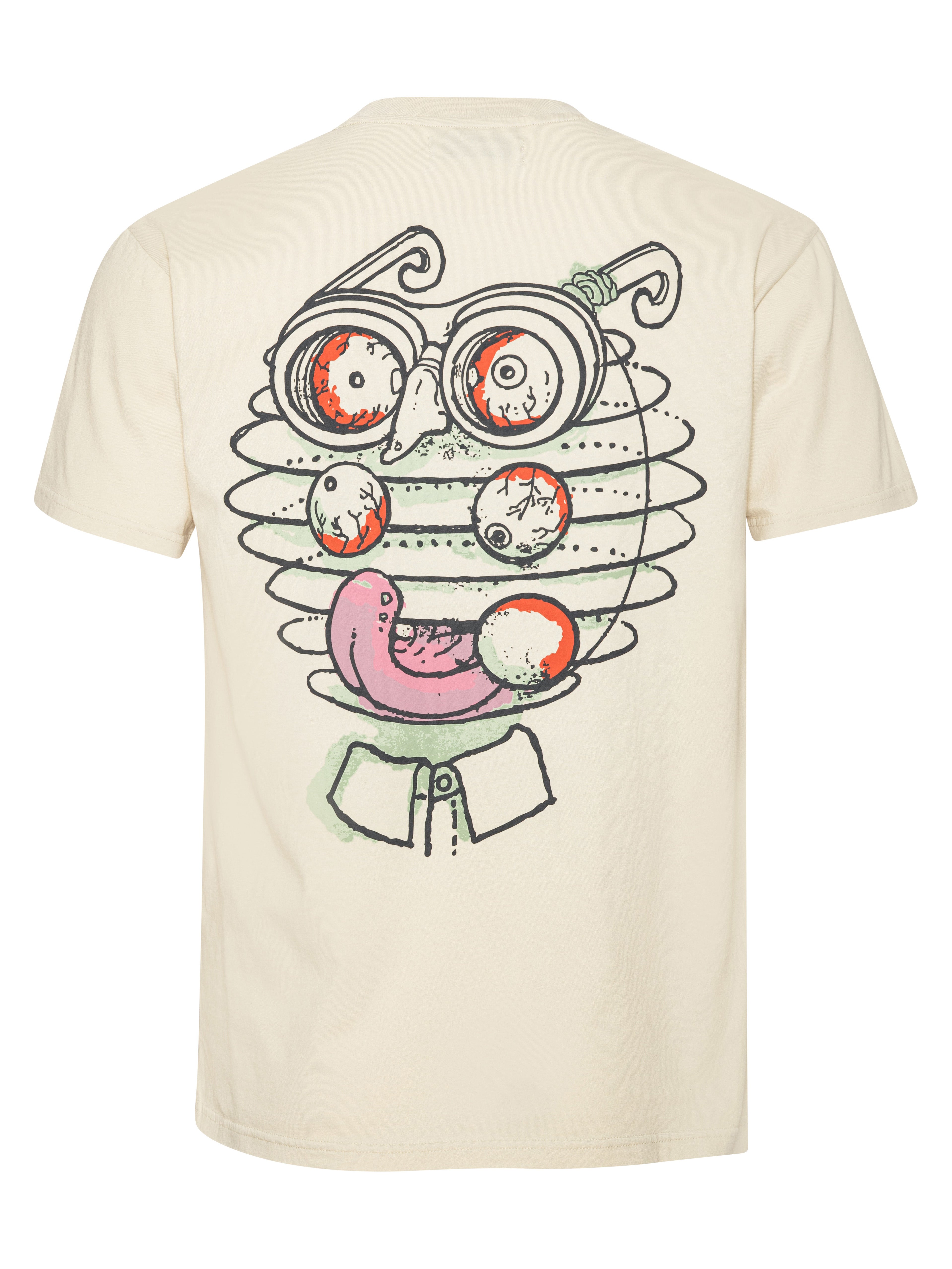Back view of the Henrik Vibskov Eyeballin T in Bone White, showing the plain off-white back, short sleeves, and straight hem.