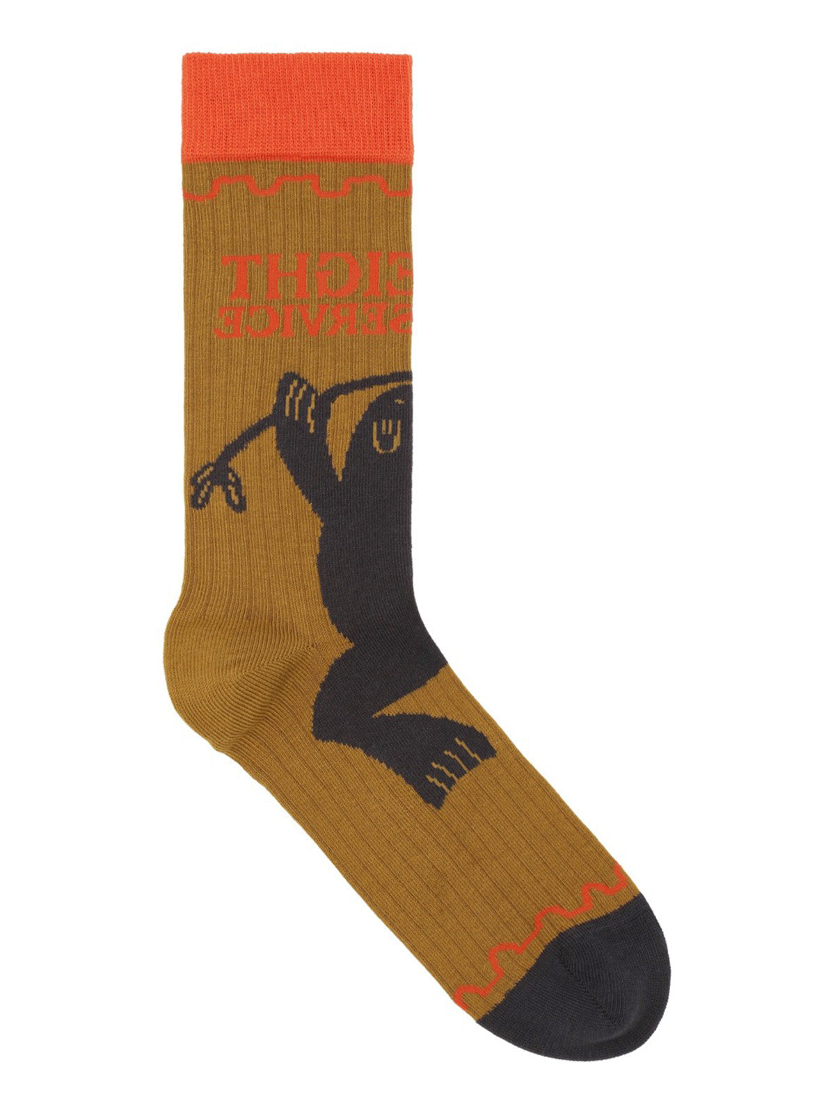 Henrik Vibskov Flyweight Sock Brown Postal Red, flat lay, mustard brown sock with orange cuff, navy toe