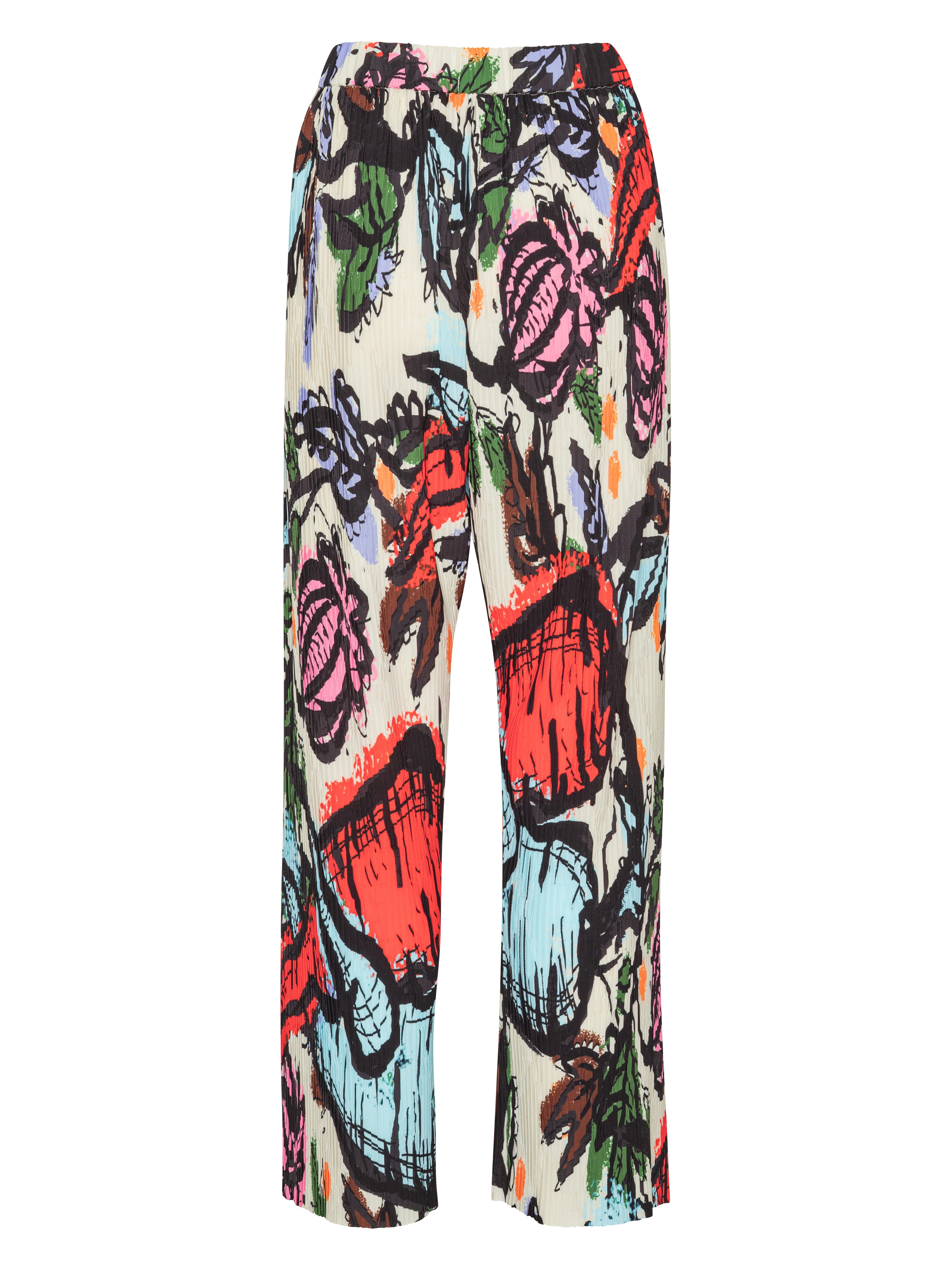 Back view of the Henrik Vibskov Fold Plissé Pants in Carrots, showing the full plissé design, straight legs, and multicolour print.