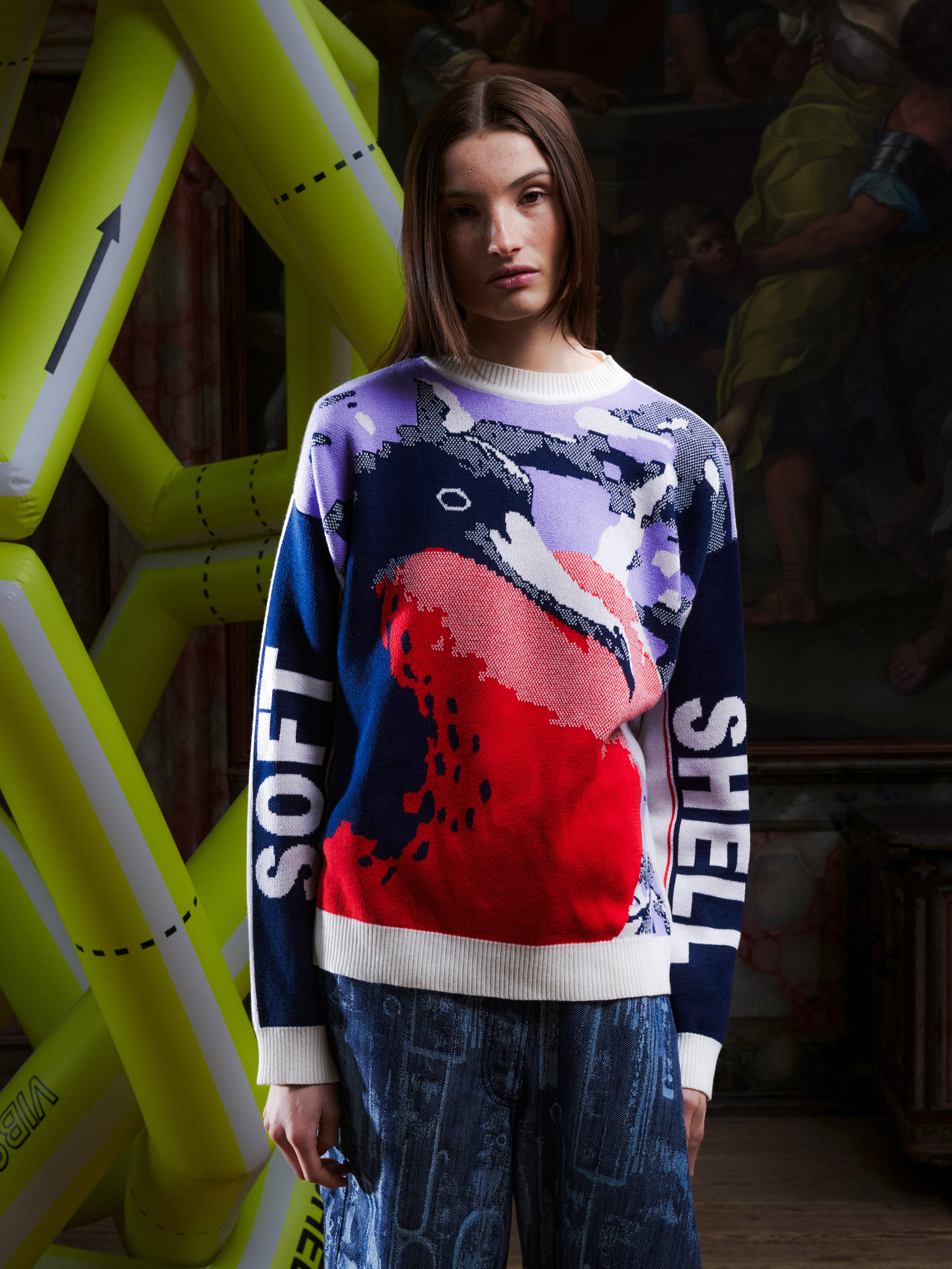 Close-up of female model wearing the Henrik Vibskov Frigate Crewneck in Frigate, front view. The model is 185 cm and wears size L, showing the multicolour frigate bird graphic, crewneck shape, and loose fit.