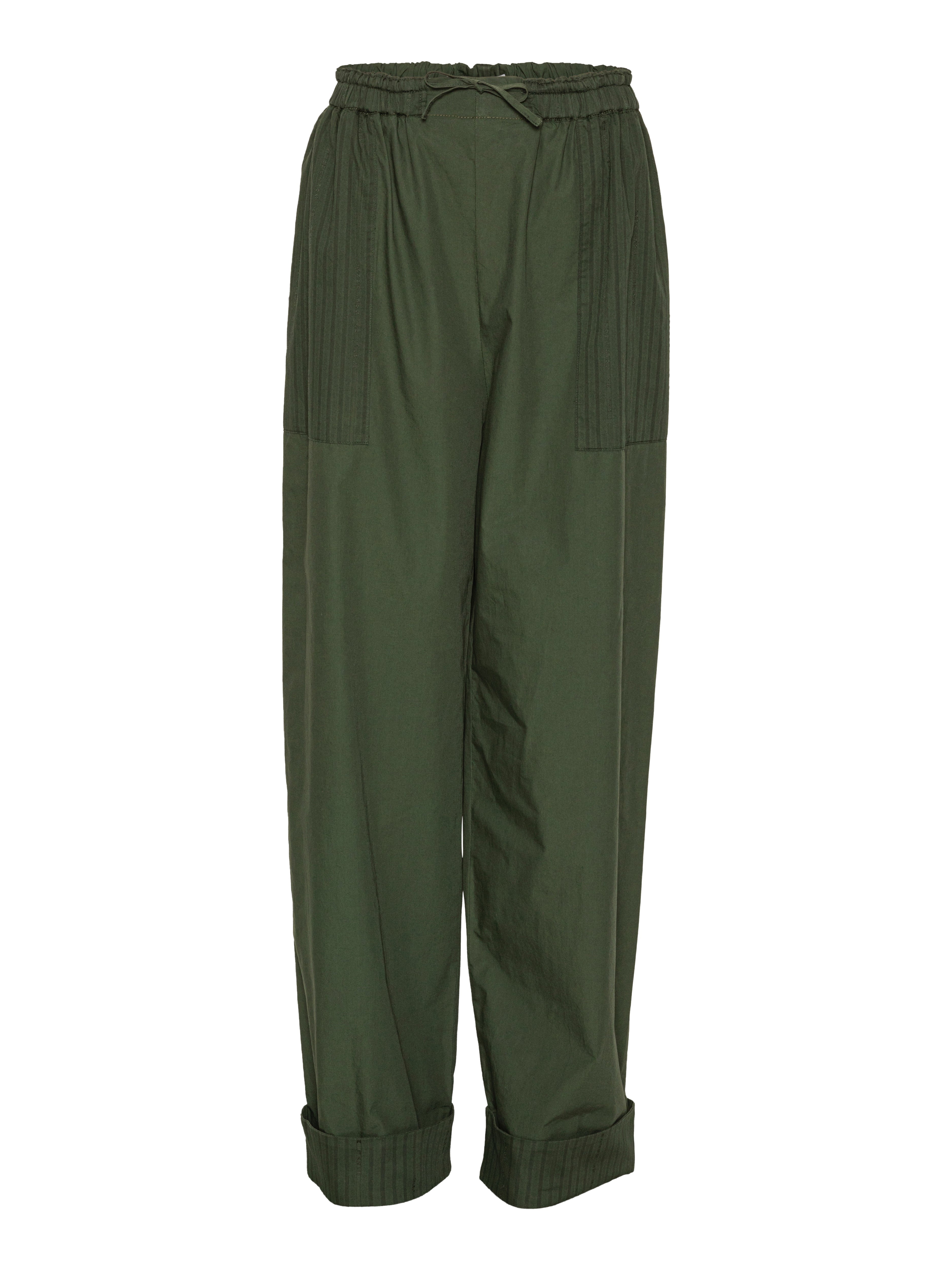 Helmet Pants in Garden Green navy green wide-leg pants with elastic waistband and drawstring, front view – Henrik Vibskov Spring/Summer 2026 Key Collection
