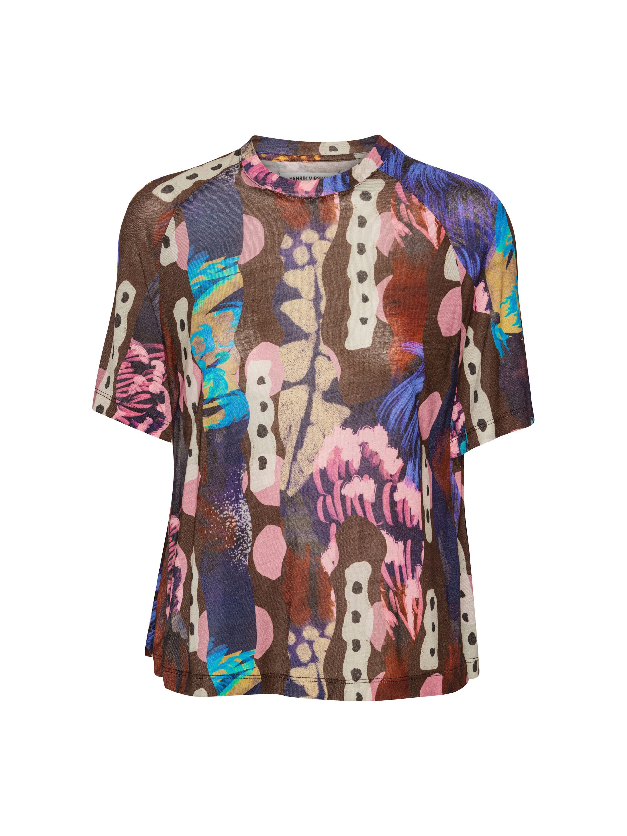 Henrik Vibskov Jersey Cover Tee in Polliwog Print, full front view, loose fit short sleeve top, abstract multicolour print in pink brown blue and teal, round neckline, straight hem, Spring Summer 2026