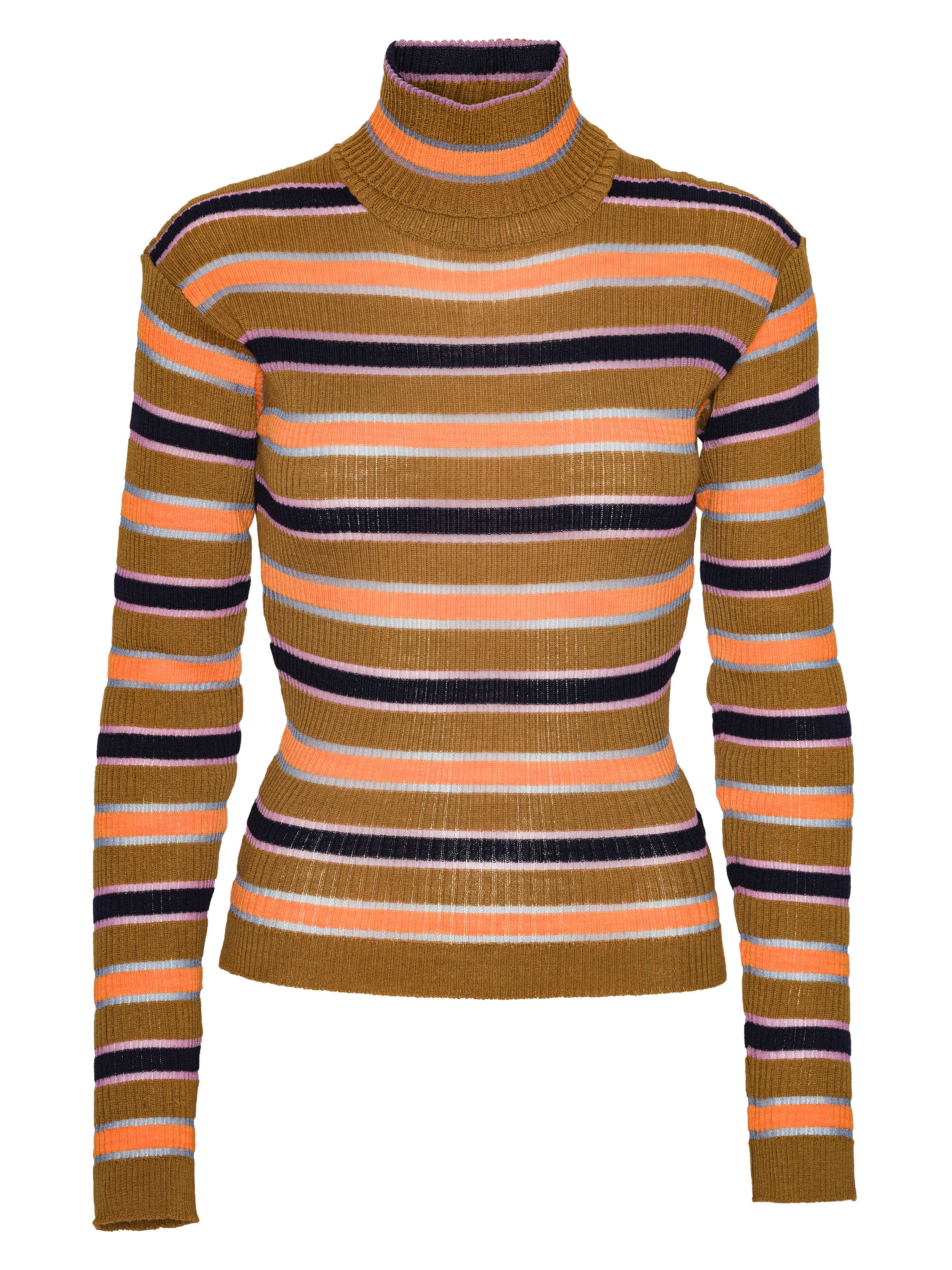 Striped sweater with brown, orange, and black colors on a white background
