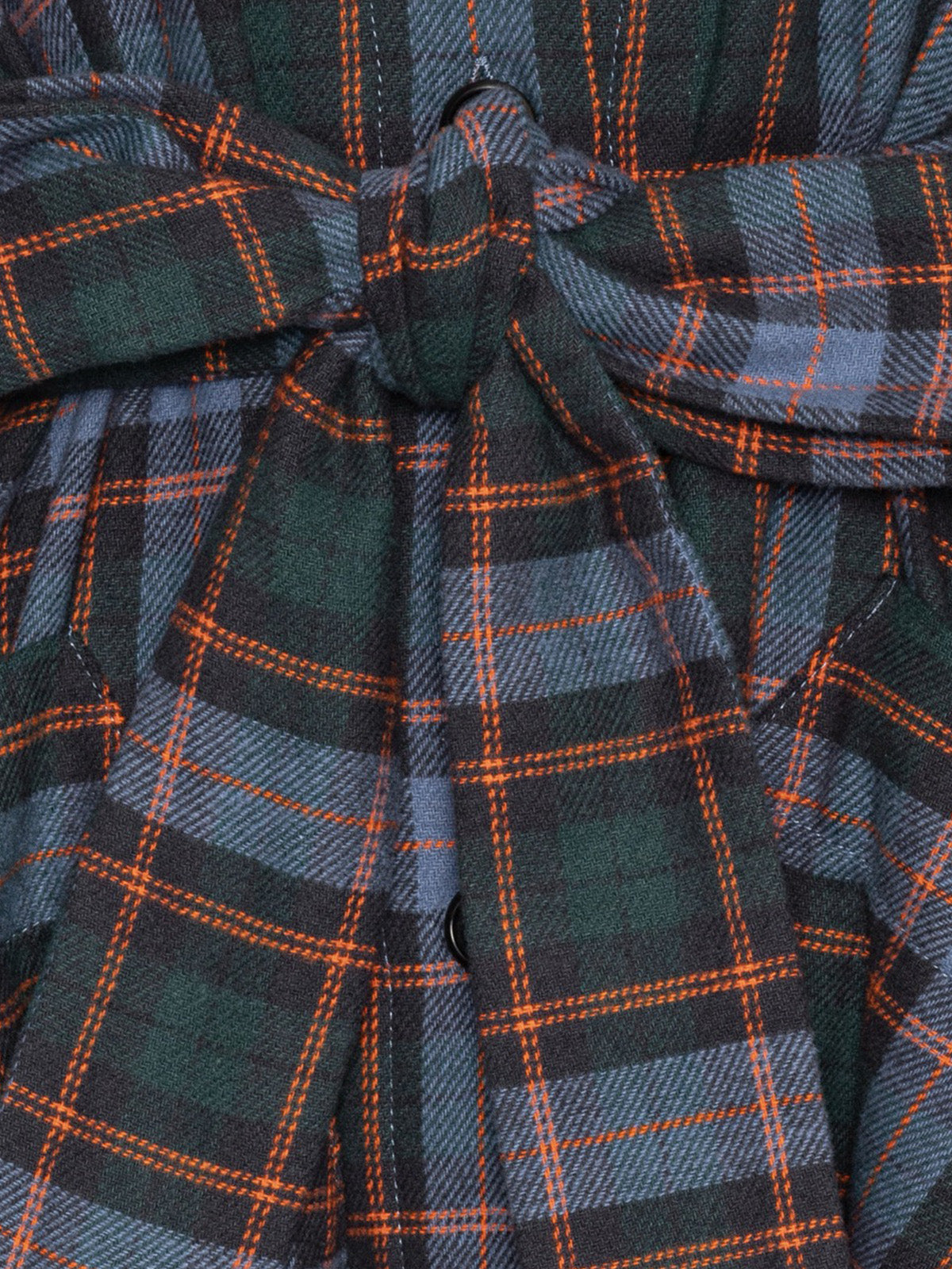 Close-up of the tie belt and button detail on the Henrik Vibskov One Dress in Blue Flannel Checks