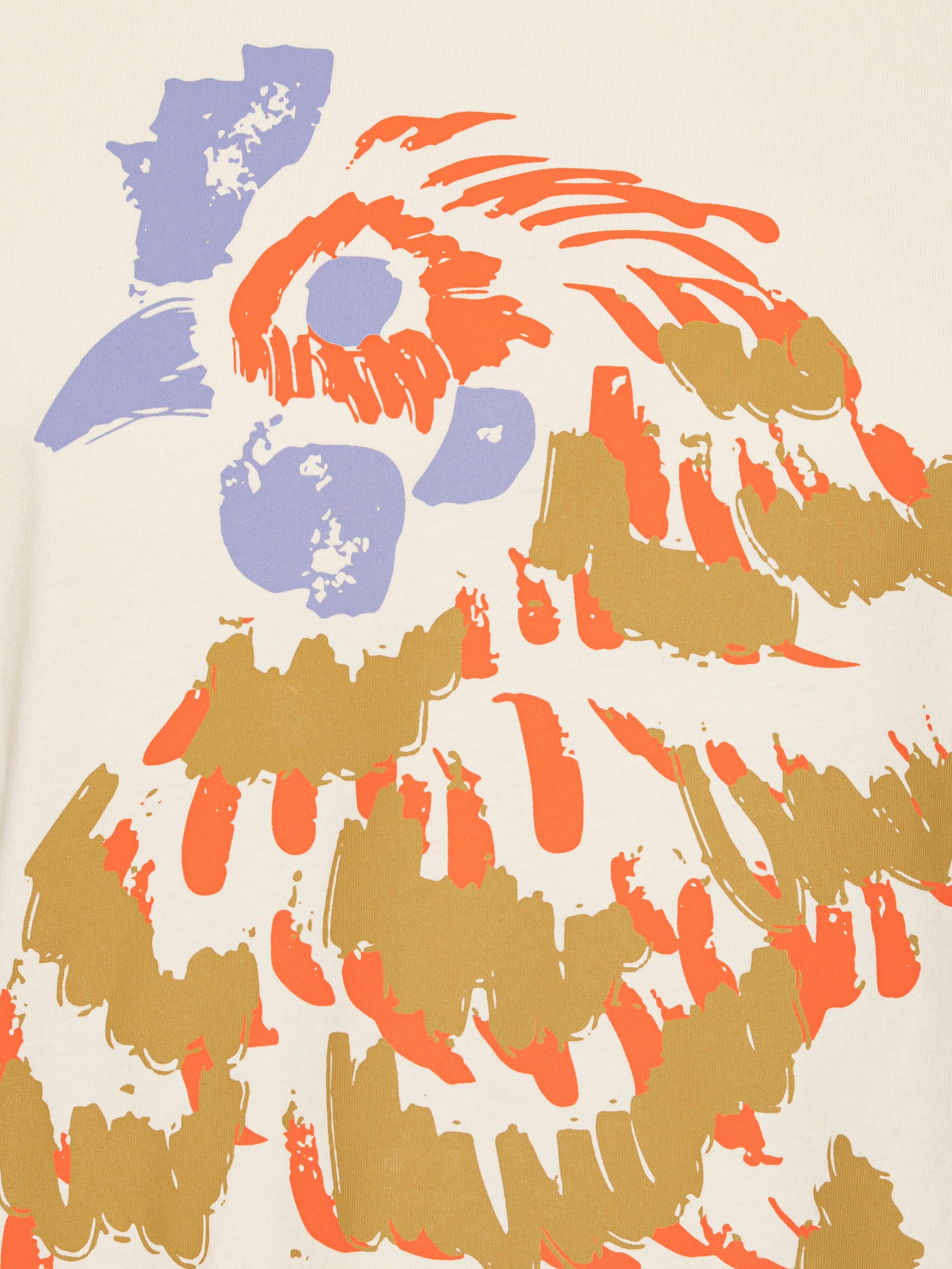 Close-up of the off-white t-shirt with an orange rooster illustration by Henrik Vibskov