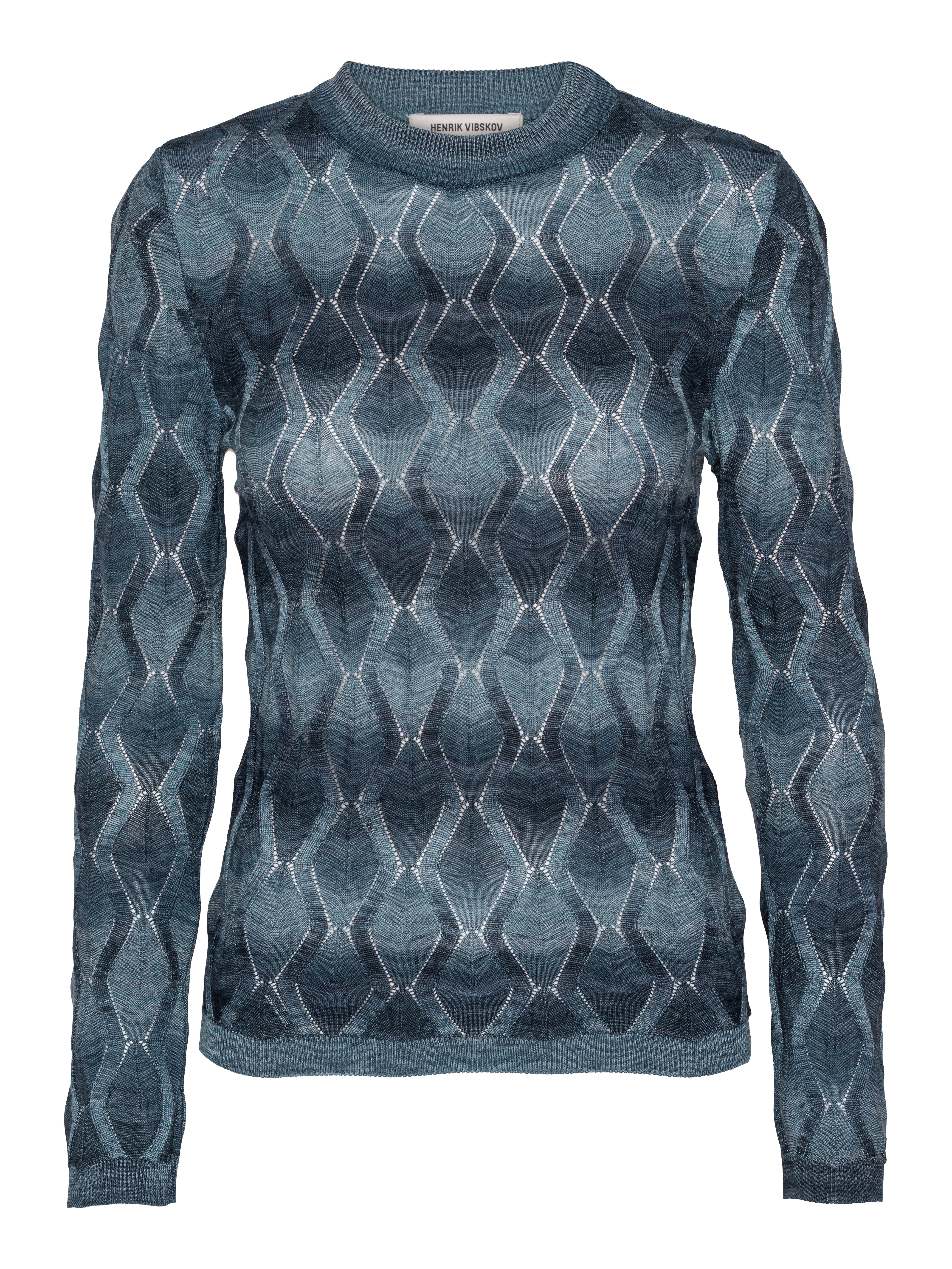 Resonance Longsleeve in Navy Flame blue patterned long sleeve top with snug round neck and ribbed hems, front view – Henrik Vibskov Spring/Summer 2026 Key Collection