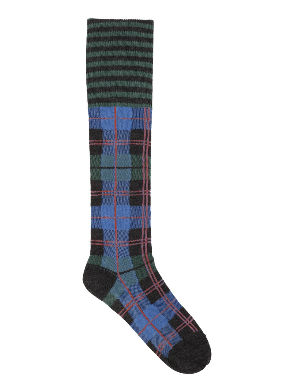 Henrik Vibskov Ribbit Knee Sock in green blue dashed checks with knee-high length, striped ribbed cuff and contrast heel and toe