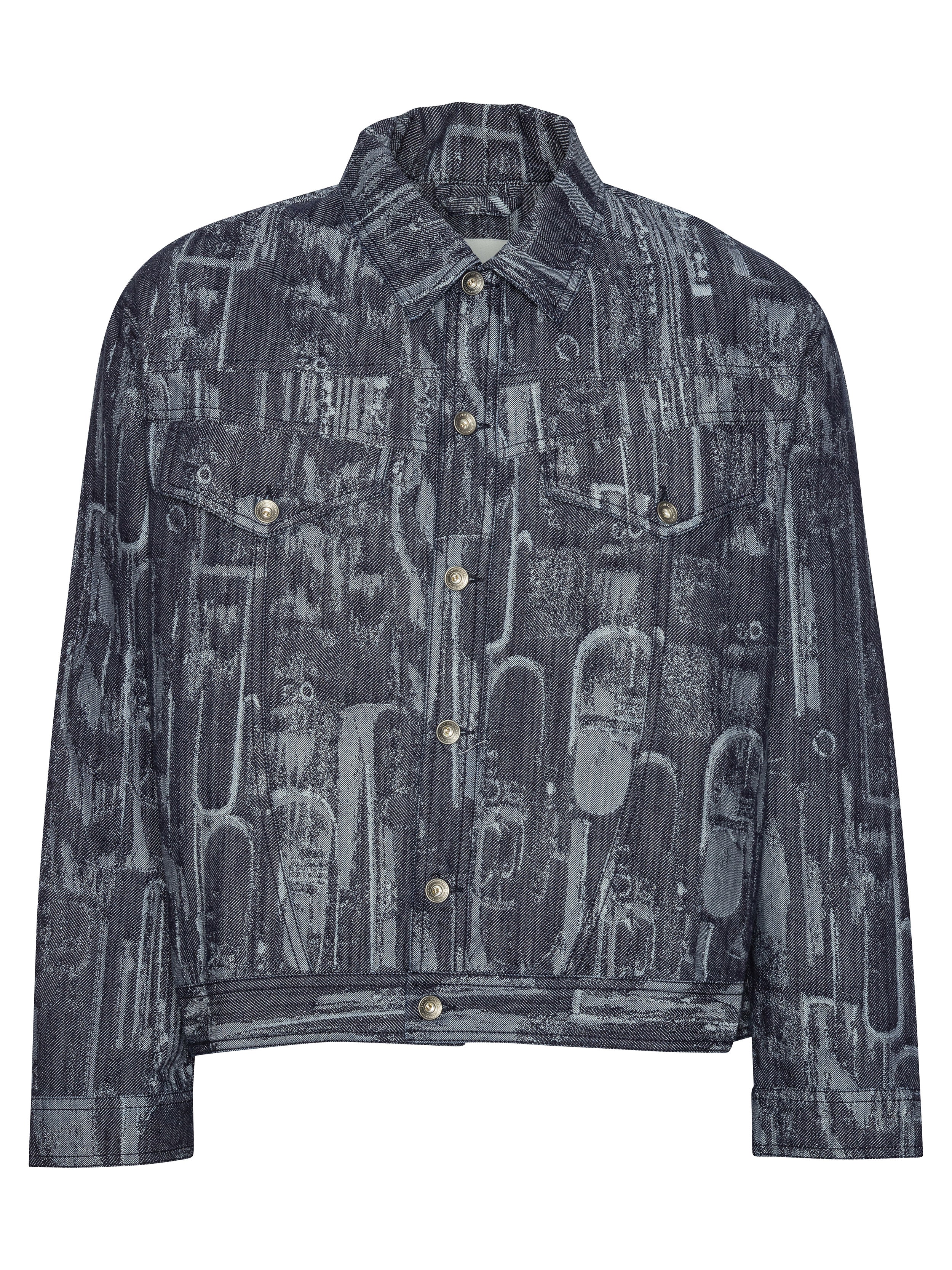 Grey-blue denim jacket with abstract pattern from Henrik Vibskov on a white background
