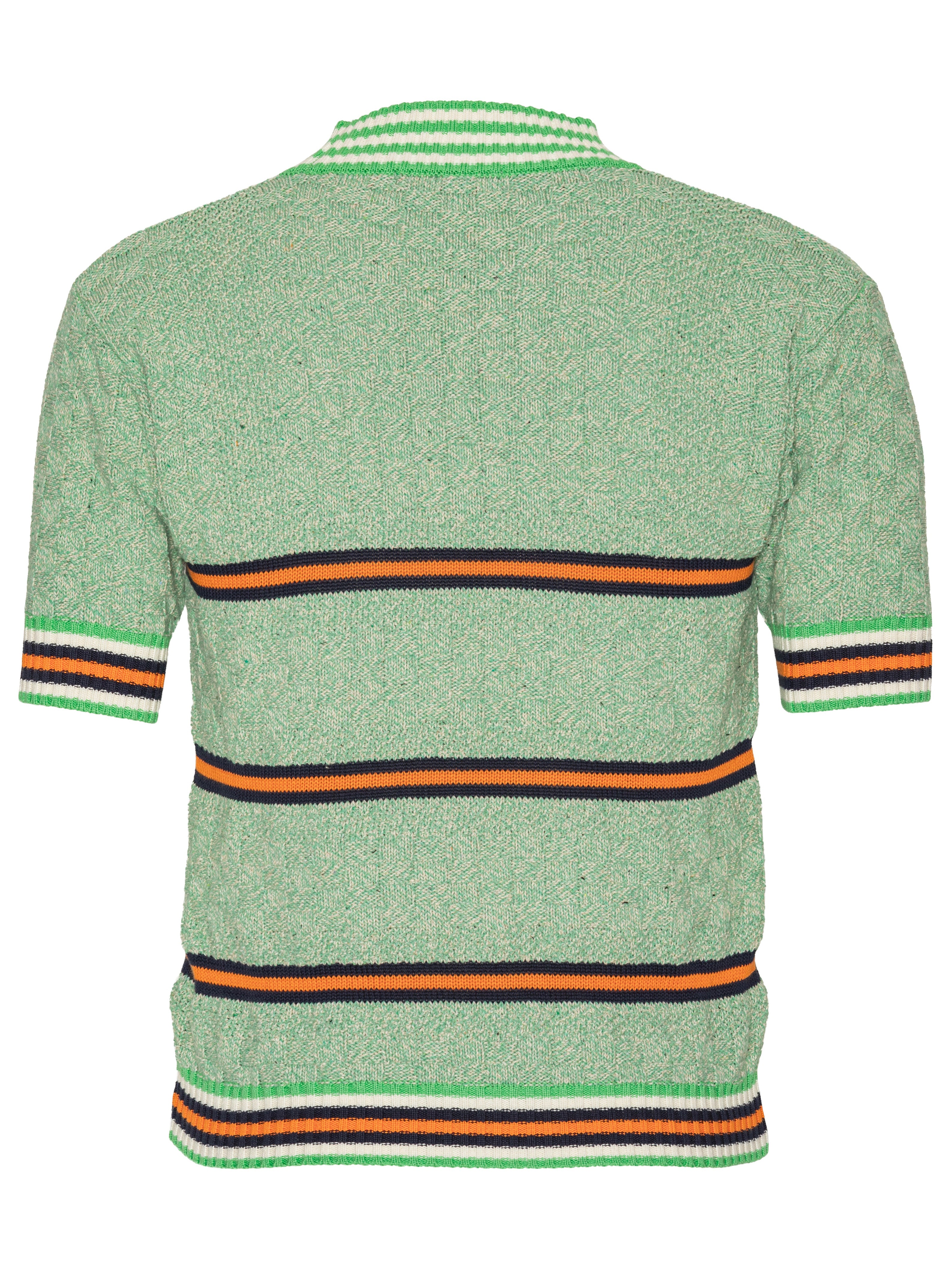 Back view of mint green knitted top with stripe details from Henrik Vibskov on a white background.