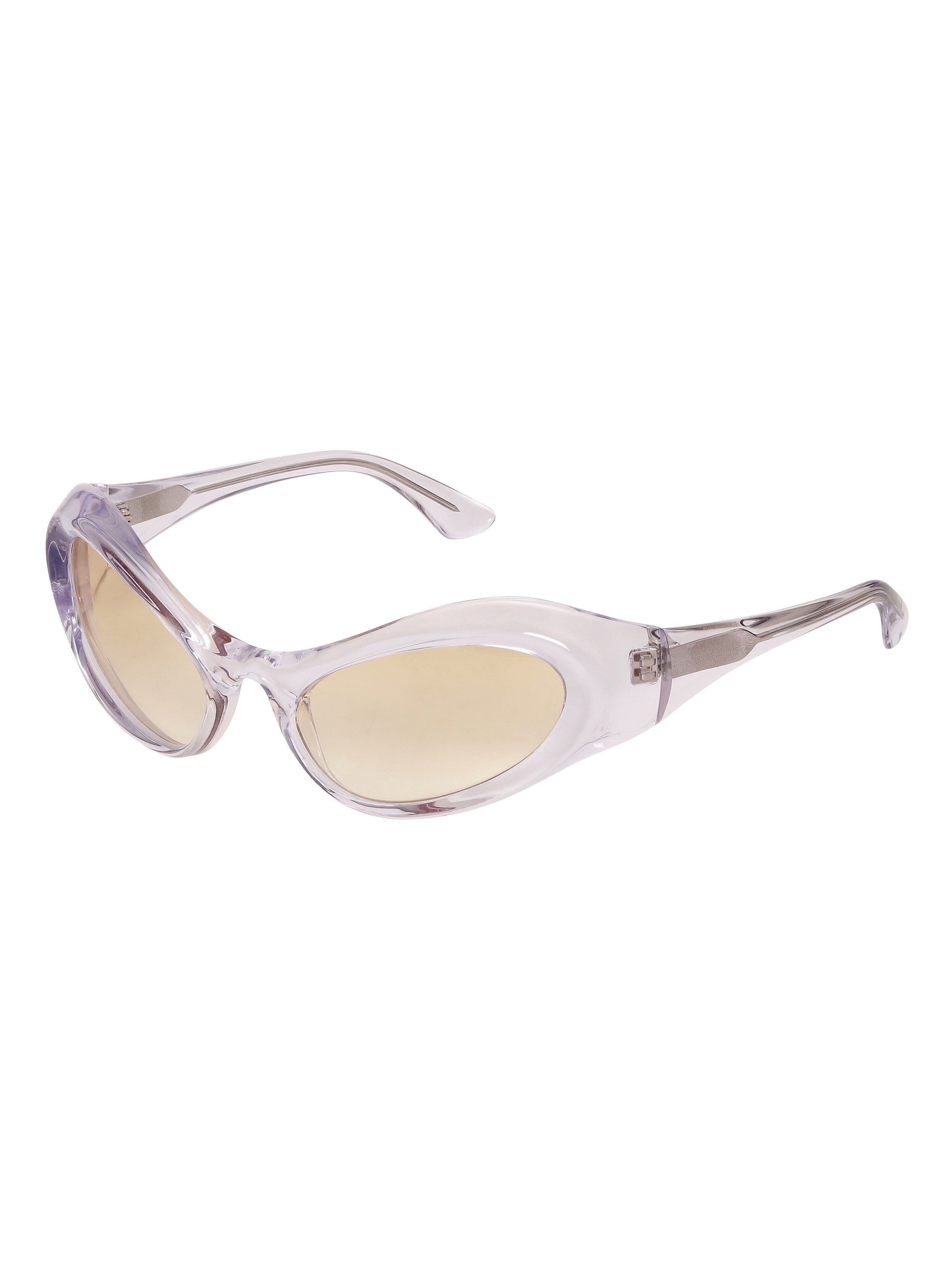 Front view of Scott sunglasses with a transparent frame and yellow tinted lenses in a sporty wraparound style.