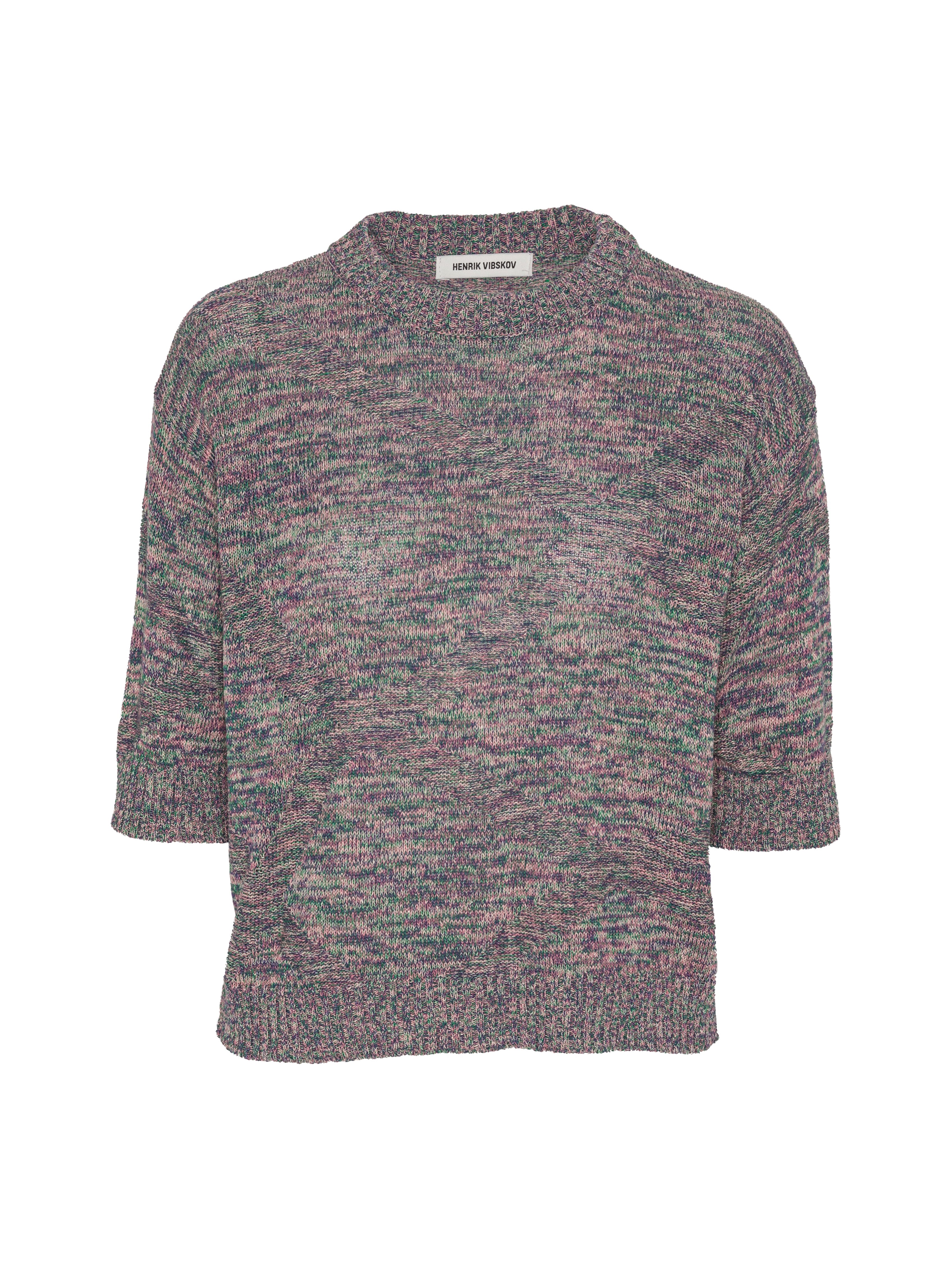 Silk Net Blouse in Multi Papavero mix colour patterned cropped boxy knit with zig zag texture detail and ribbed round neck, front view – Henrik Vibskov Spring/Summer 2026 Key Collection