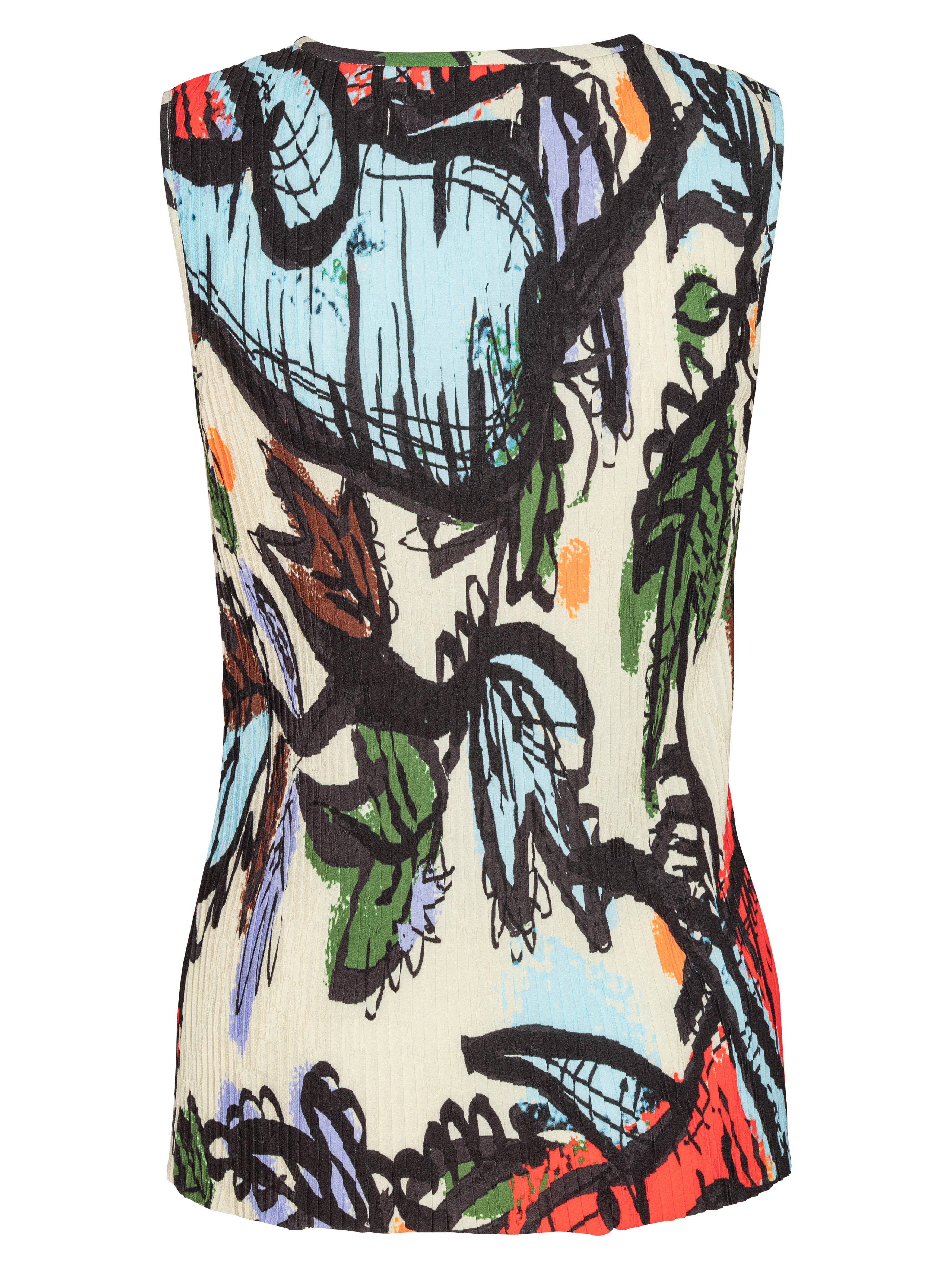 Back view of colorful sleeveless top with vegetable abstract design by Henrik Vibskov on a white background