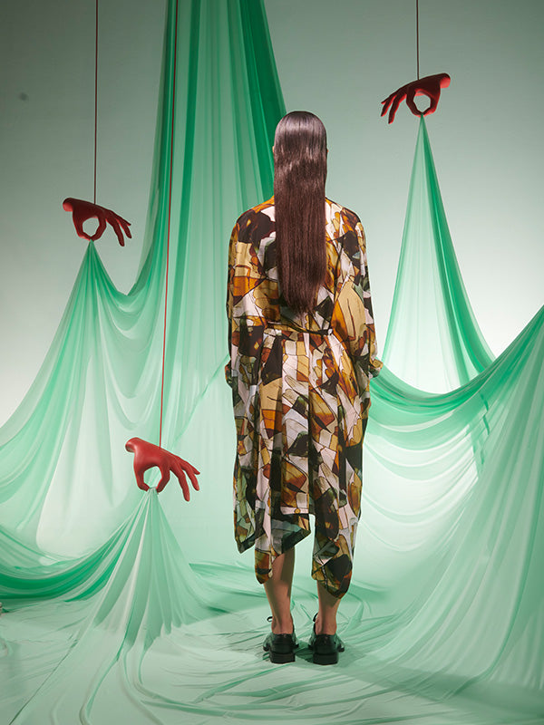 Square Silk Dress in Beige Analogue Gloves from Henrik Vibskov