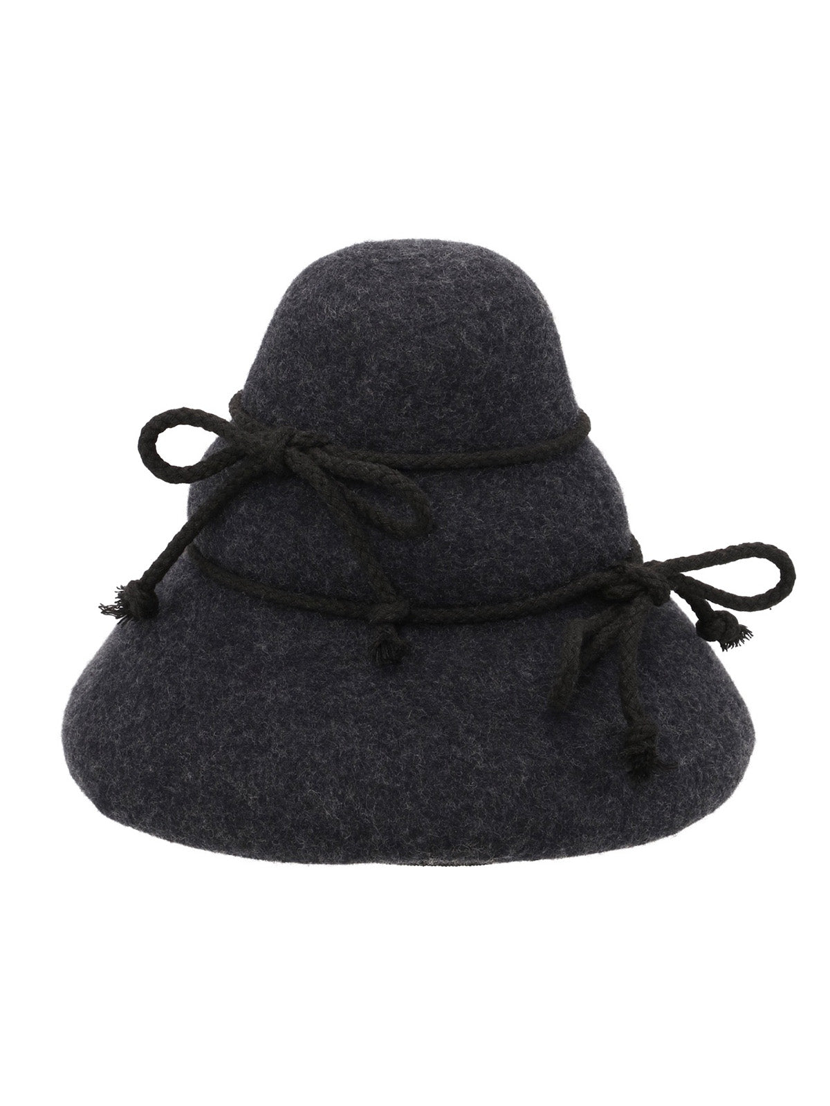 Henrik Vibskov Tower Hat in charcoal wool felt with rope tie detail, front view on white background
