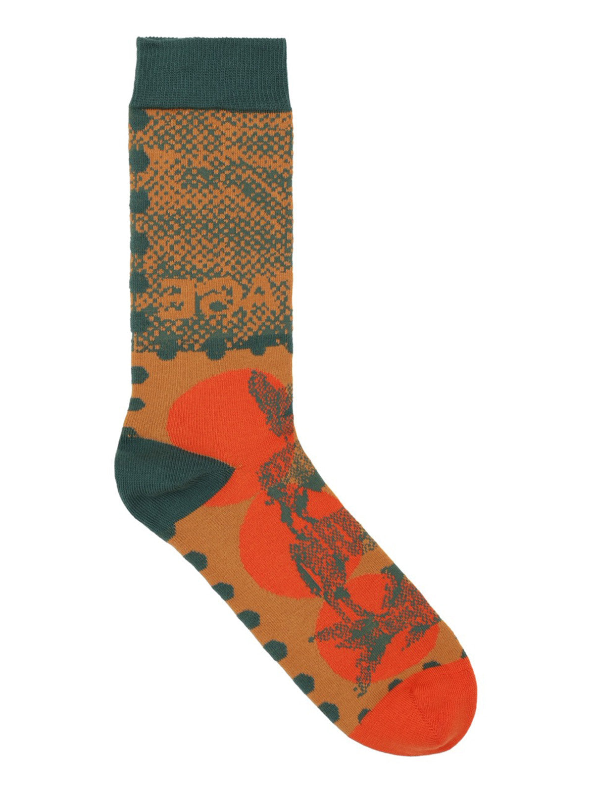 Henrik Vibskov Tower Sock in Postage Mandarin Dots, orange and green jacquard knit with contrast heel and toe
