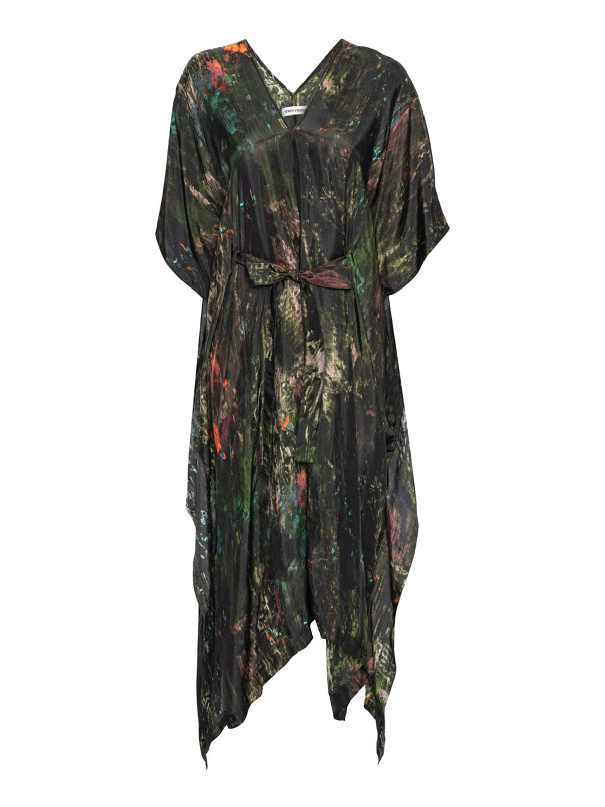 Henrik Vibskov Uncut Kaftan in Swamp Reflections print, abstract green and black dress with tie belt, front flat lay