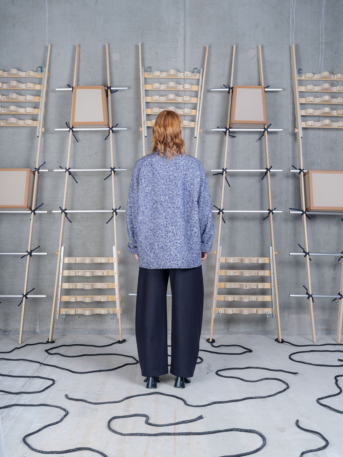 Henrik Vibskov Wheel Jacket in Blue Pebbles on-model back view, mottled bouclé texture, relaxed fit