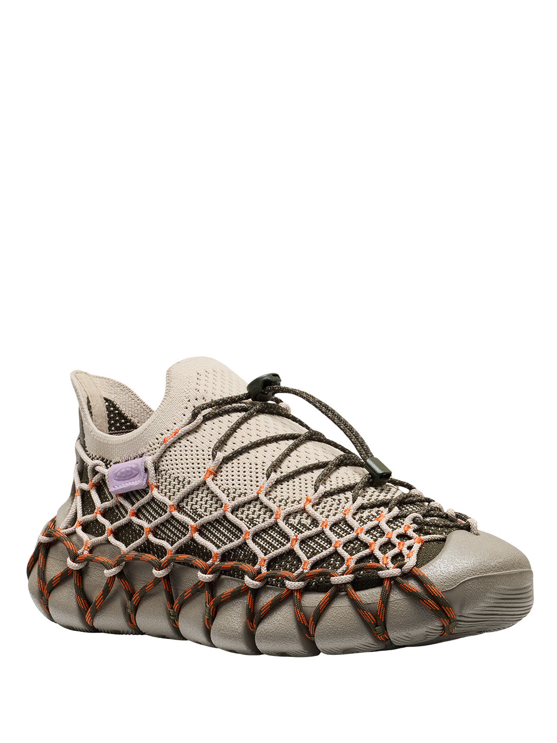 Henrik Vibskov x KEEN UNEEK 360 Womens Sneaker in Brindle Scarlet Ibis - side view showing knit upper with olive and orange cord detailing on sculpted grey sole