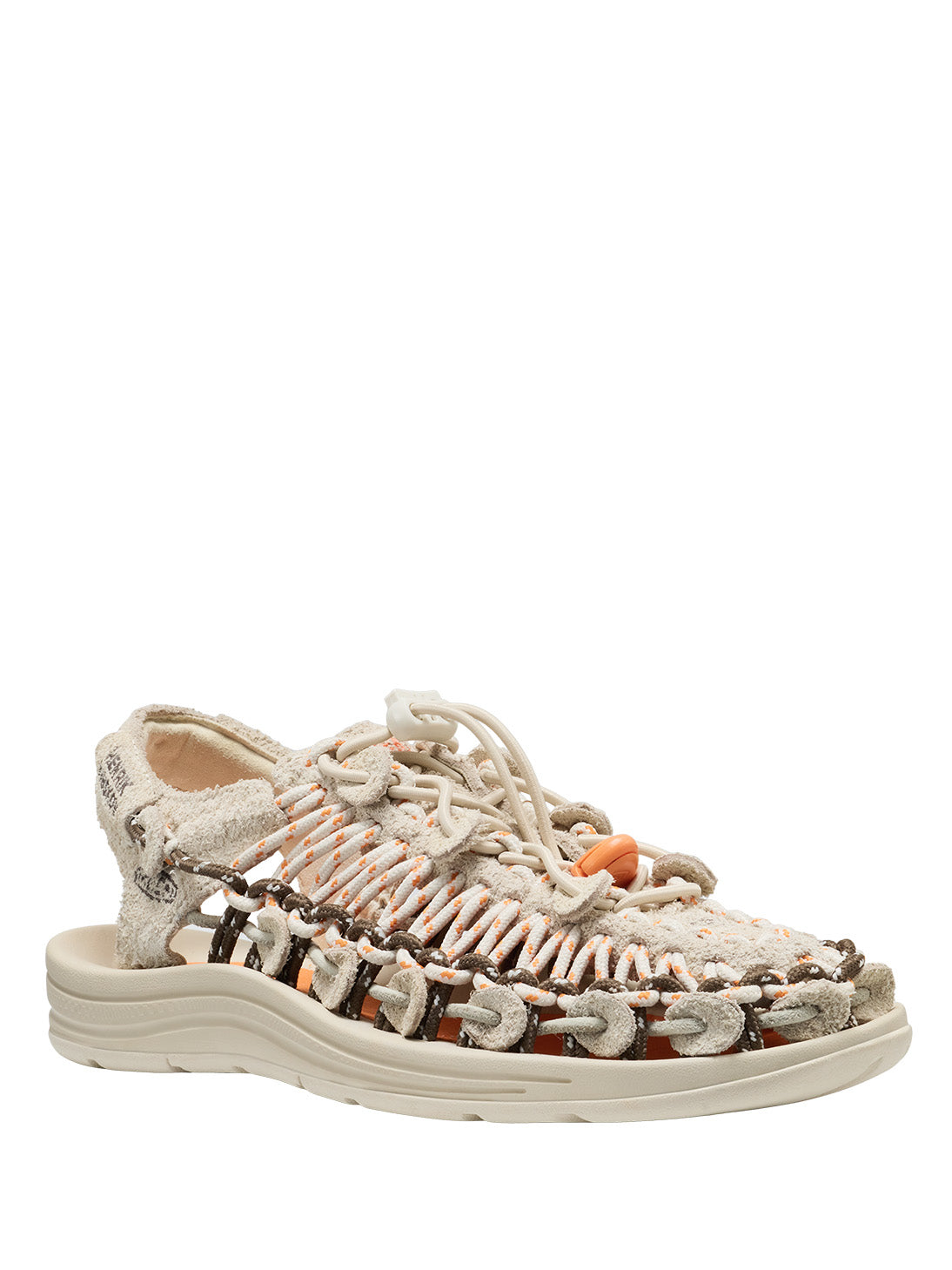 Henrik Vibskov x KEEN UNEEK LEA Sandal in Birch Canteen - side view showing woven cord upper with orange and brown detailing on off-white sole
