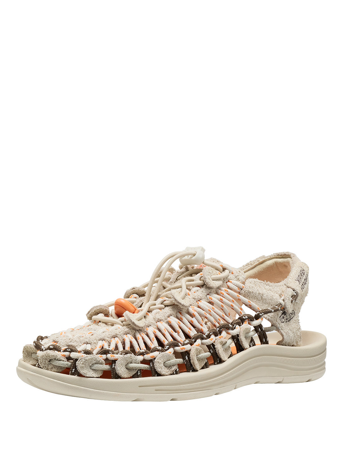 Henrik Vibskov x KEEN UNEEK LEA Sandal in Birch Canteen - front three-quarter view showing woven cord upper with orange and brown detailing on off-white sole