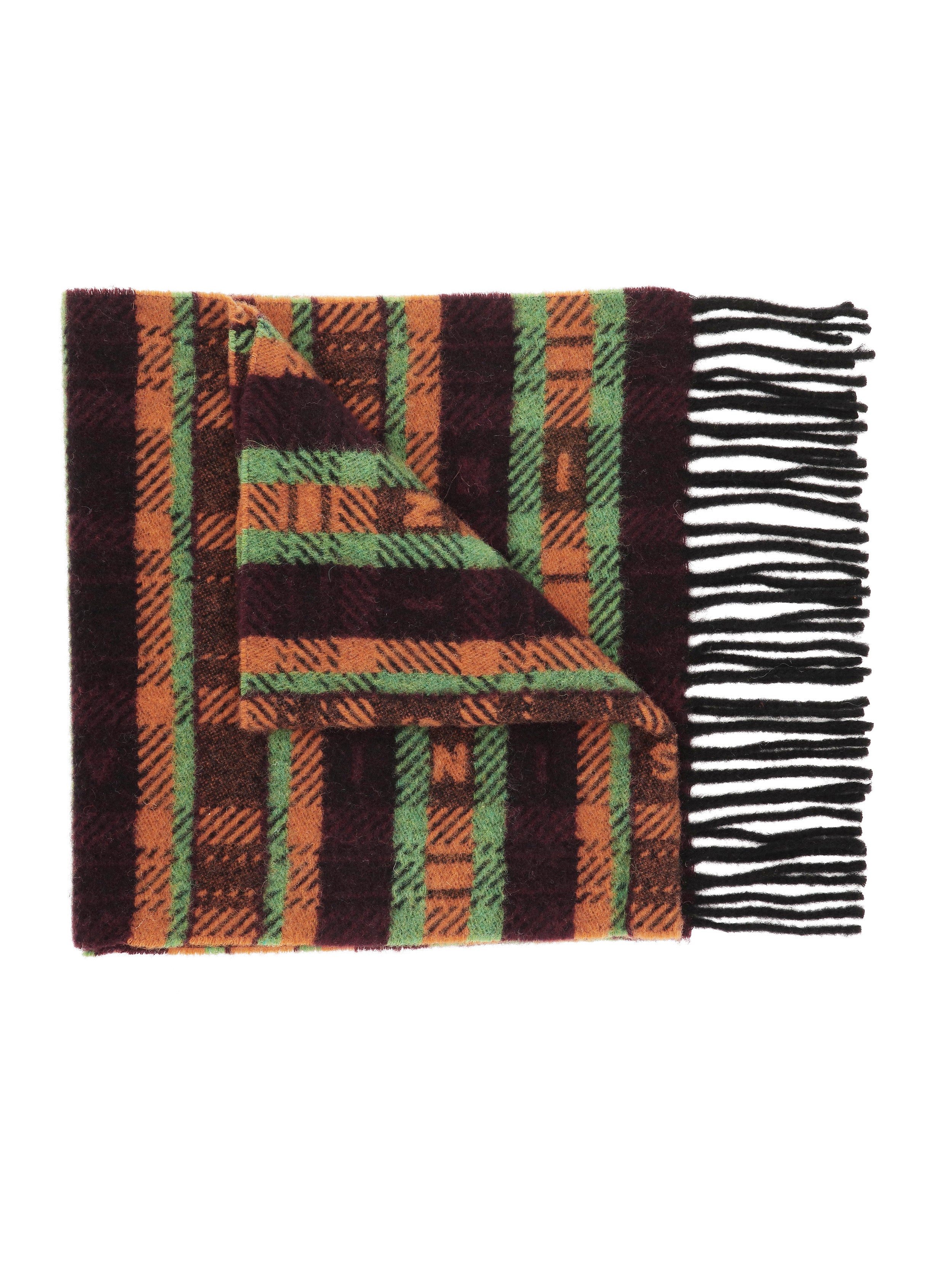 Plaid scarf with a pattern of brown, green, and orange on a white background
