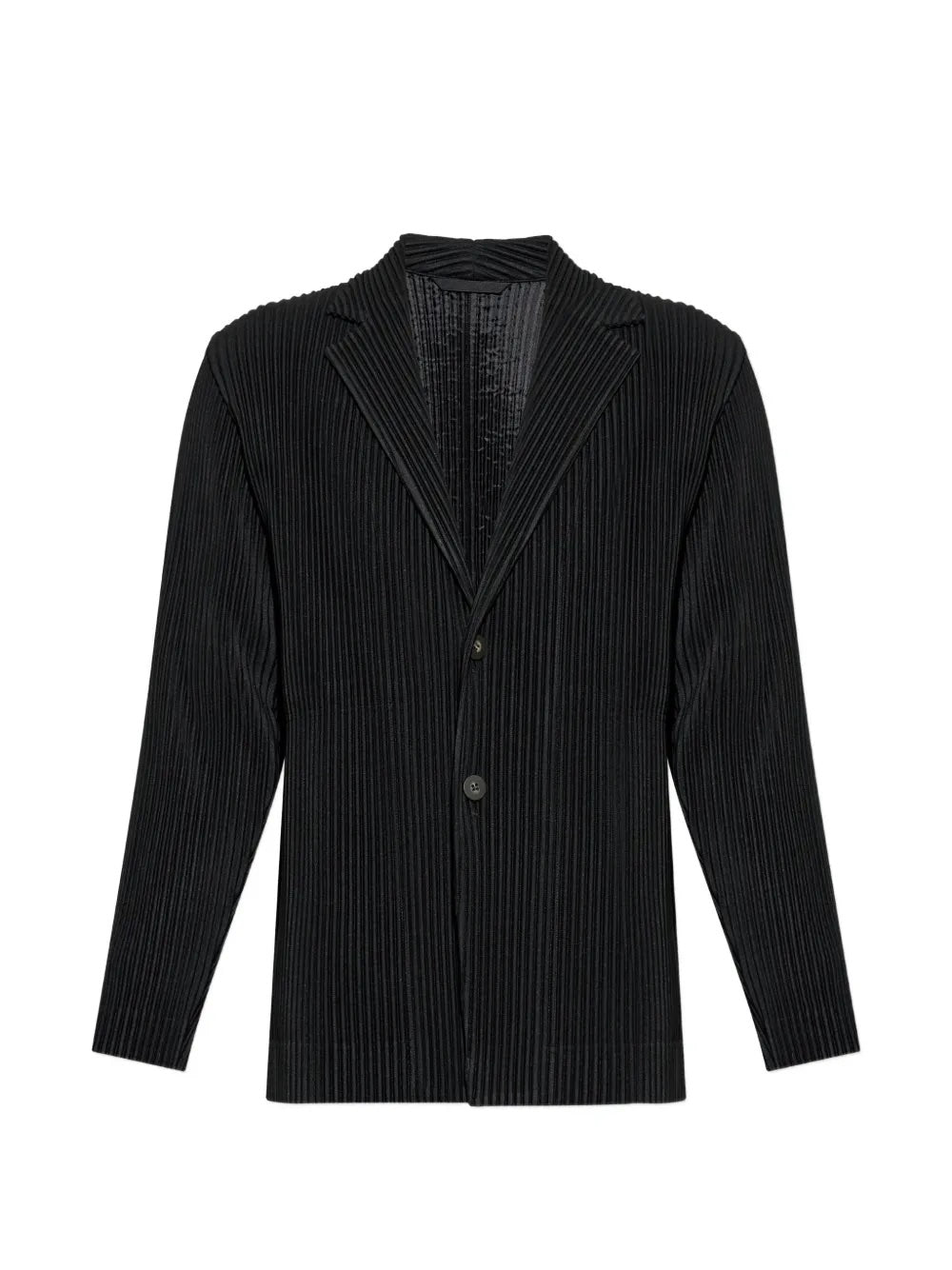 Homme Plissé Issey Miyake April SS26 Basic Jacket in black, front flat lay showing signature all-over pleated texture, notched lapel, and two-button single-breasted closure