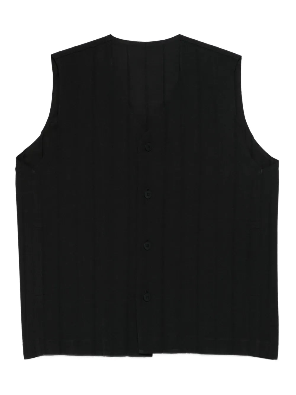 Black plissé vest with front button closure from Homme Plissé Issey Miyake on a white background.