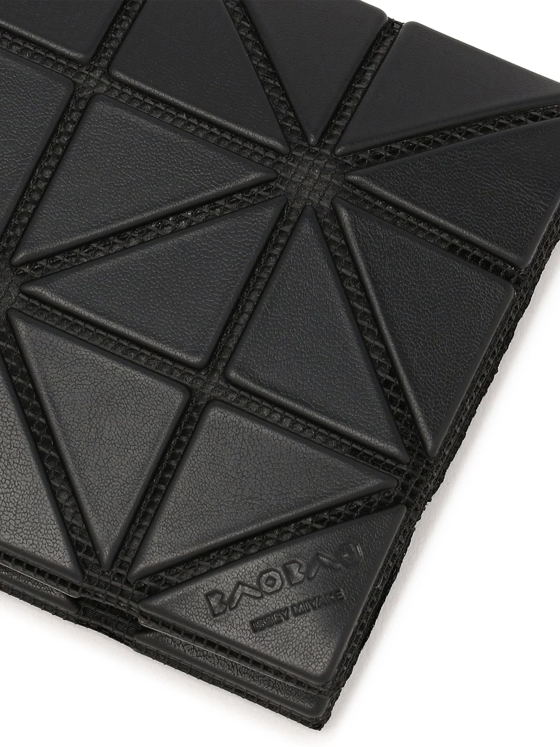 Close-up of the Bao Bao Issey Miyake August AW26 Card Case in Black showing geometric panels and embossed logo