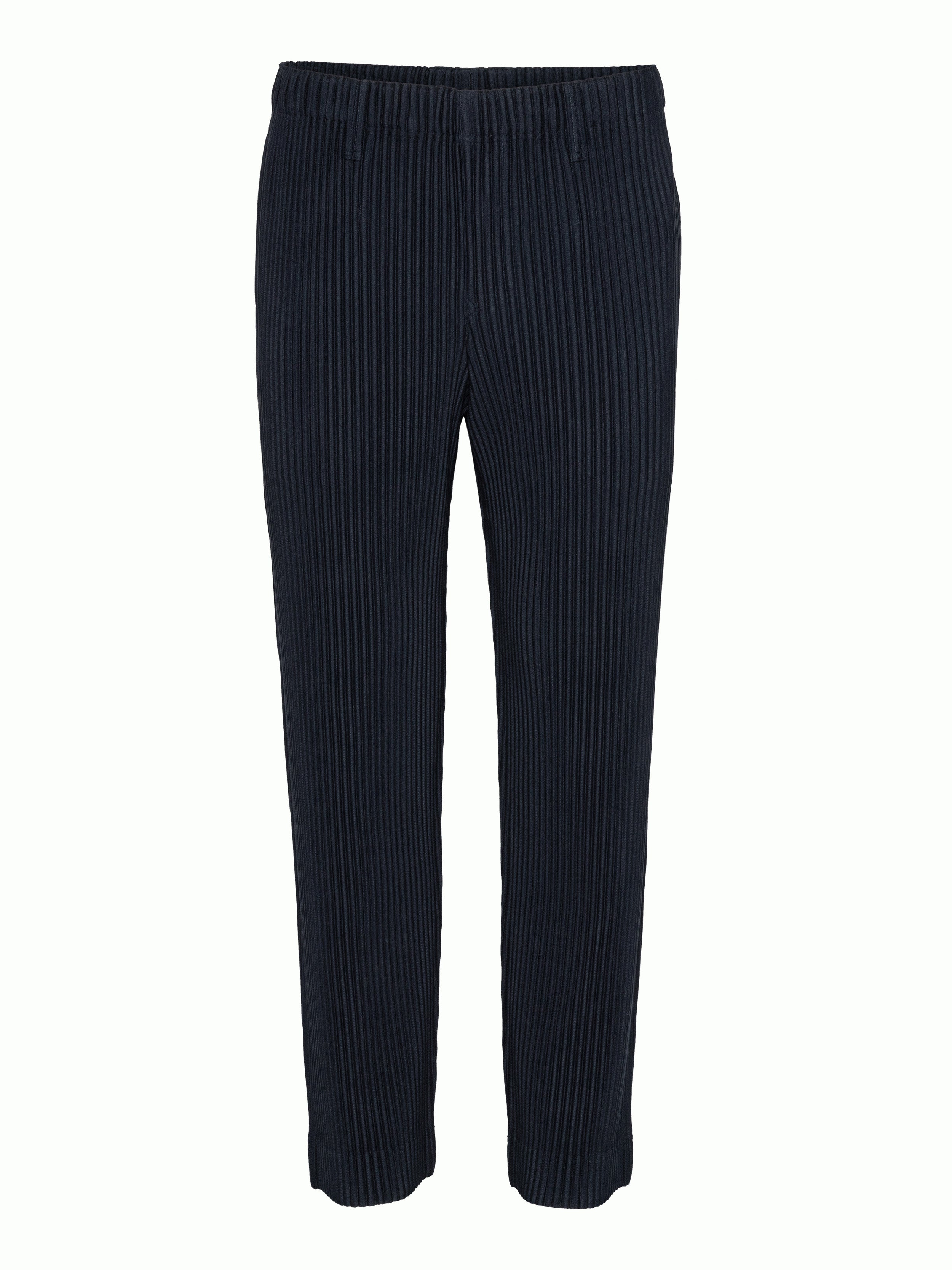 Front view of navy plissé pants with straight legs from Issey Miyake Homme Plissé