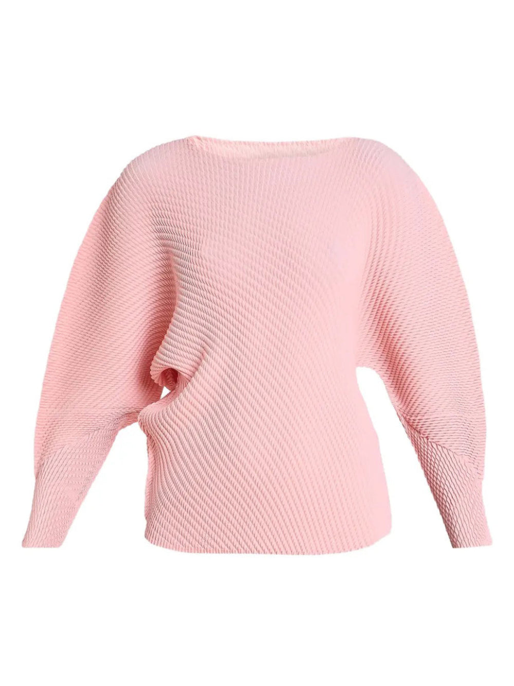 June SS26 Misty Pleats Shirt in Flamingo Pink, pleated texture with asymmetric design and boat neck, front view, Issey Miyake