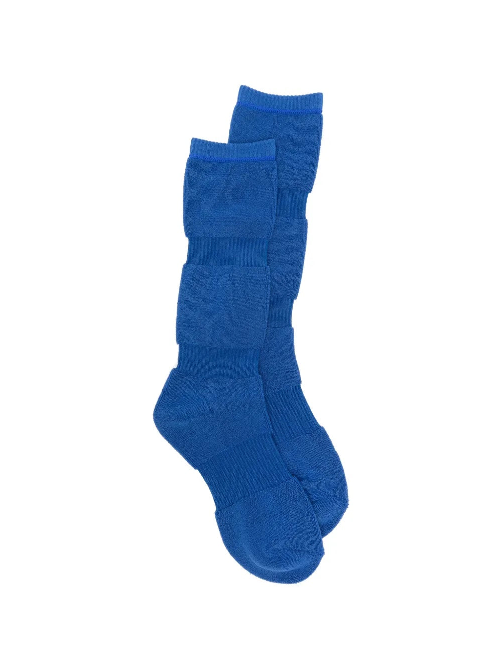 Issey Miyake October AW25 Pumped Socks in blue, full view featuring ribbed knit construction and elasticated cuff.