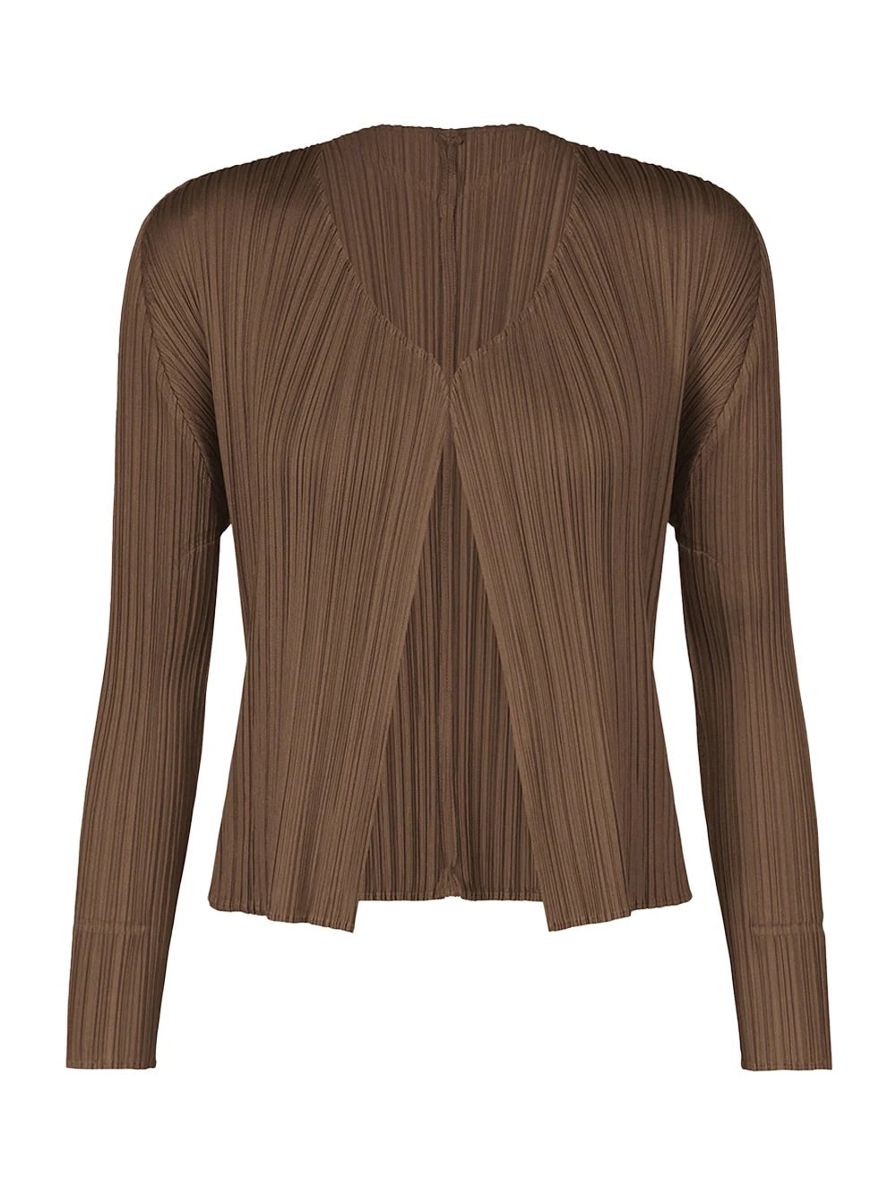 Issey Miyake Pleats Please New Basic Cardigan in Brown, back view, signature permanent pleating radiating from back yoke, open-front silhouette, long sleeves, ribbed cuffs, warm chocolate brown, SS26