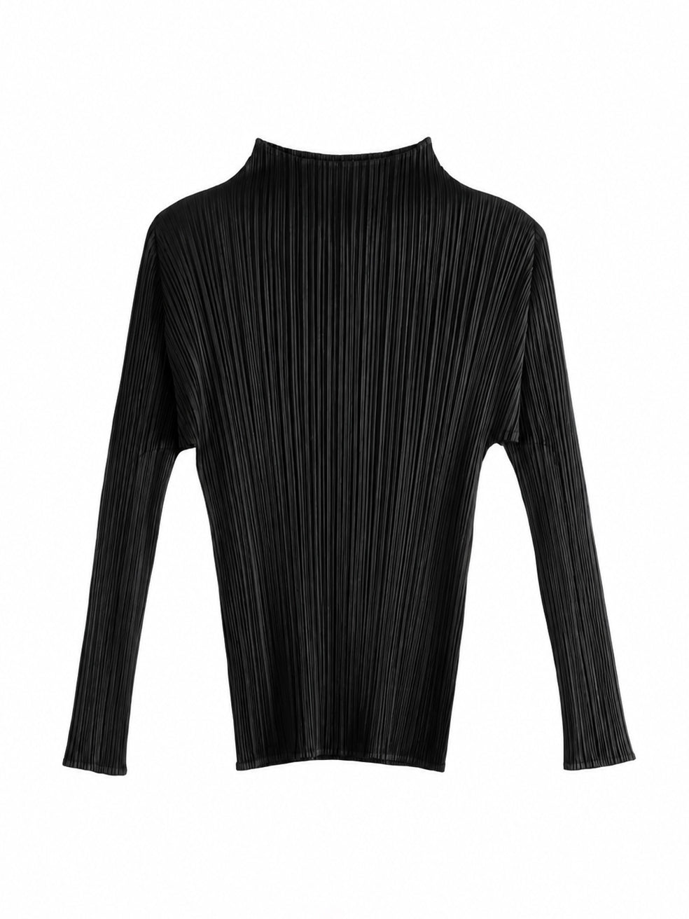 Issey Miyake Pleats Please May SS26 Basic Mock Neck Long Sleeve Shirt in Black, front flat lay showing vertical pleated texture and mock neck collar, Pleats Please Spring/Summer 2026 Collection