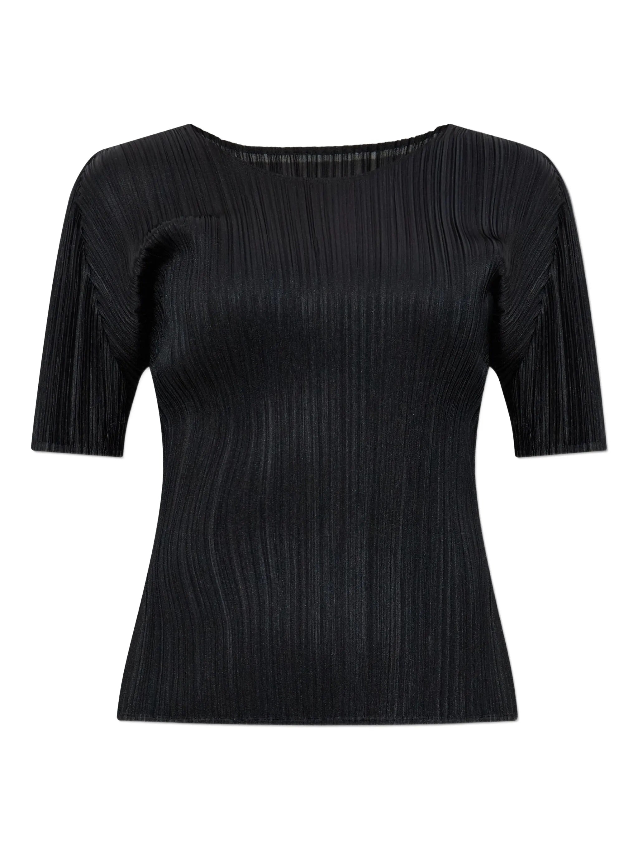 Black pleated top from Pleats Please Issey Miyake on a white background