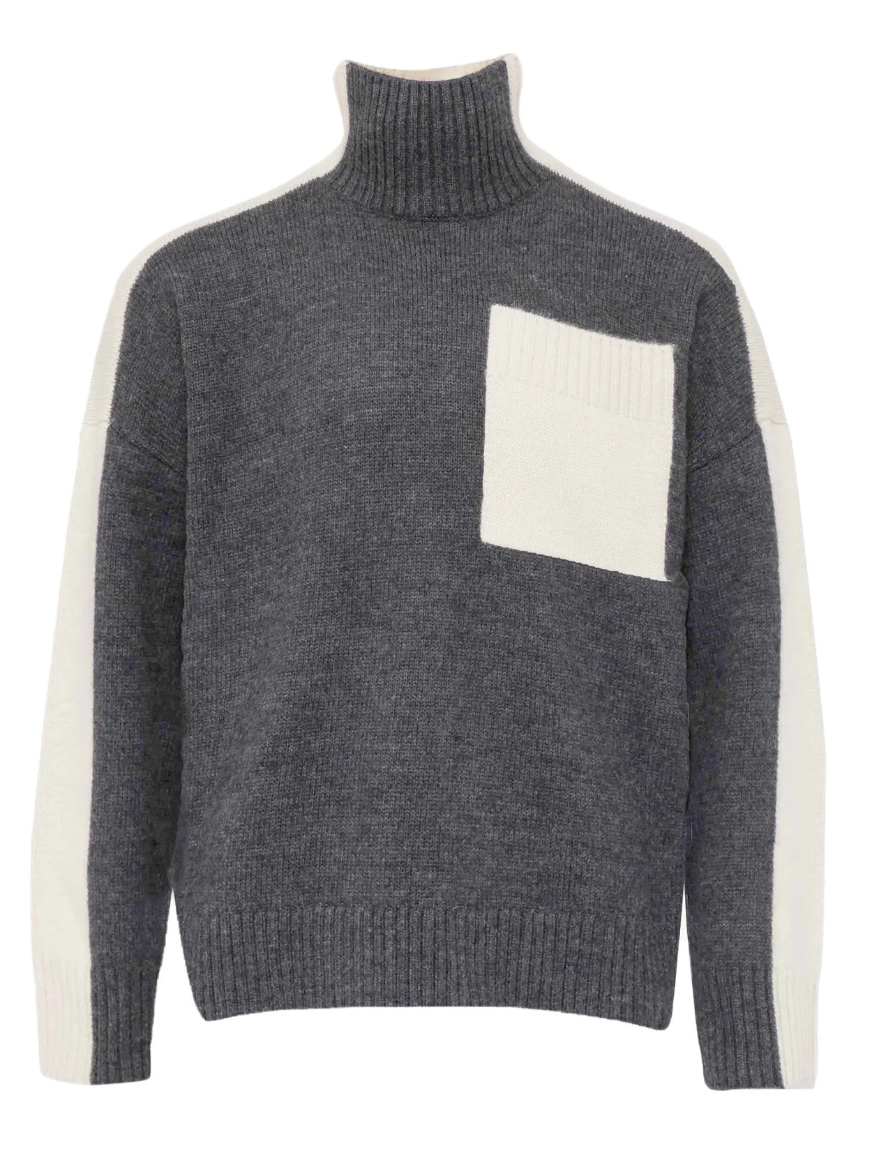 Gray turtleneck sweater with a white pocket on a white background