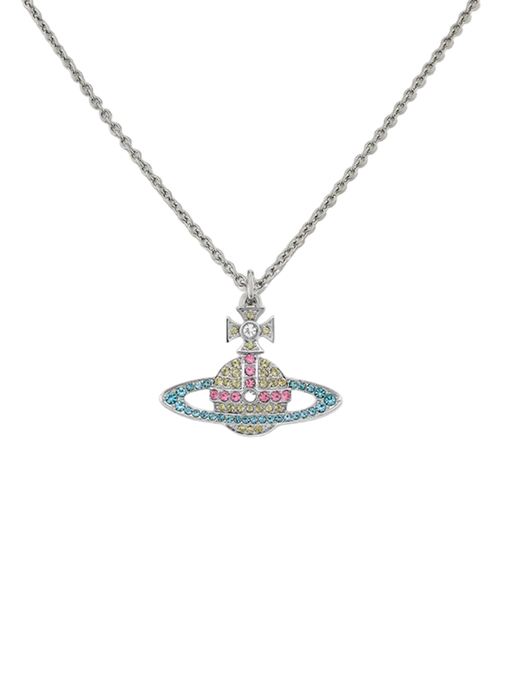 Vivienne Westwood necklace with a colorful pendant on a white background