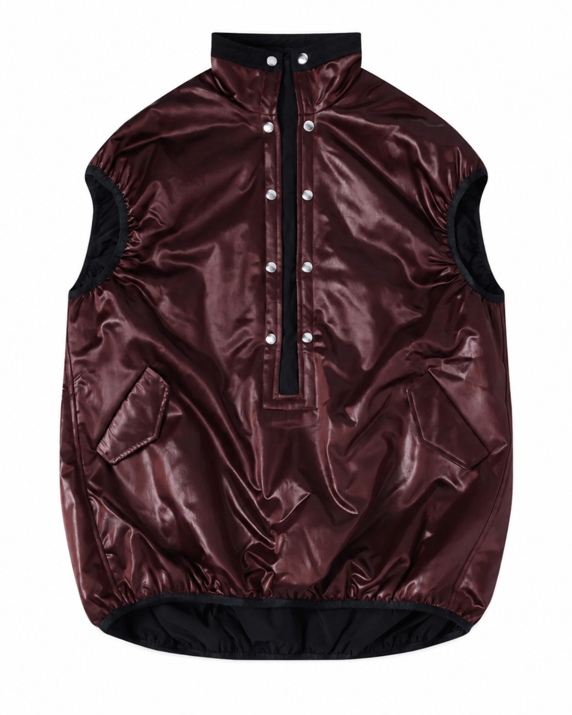 Kiko Kostadinov Auk Pullover Gilet in Burnt Umber with glossy burgundy brown finish, black trims, funnel neck and snap-button half placket