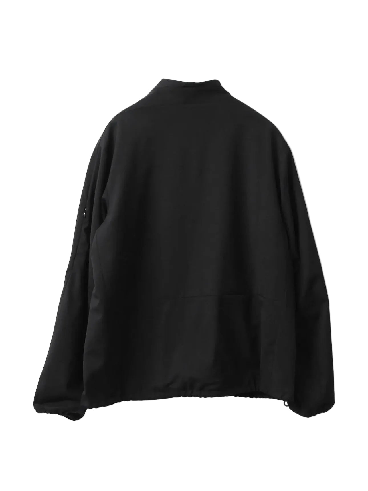 Back view of Kiko Kostadinov Erdiko Jacket in Crow Black showing relaxed silhouette, elasticated hem, raglan sleeves and clean wool twill construction